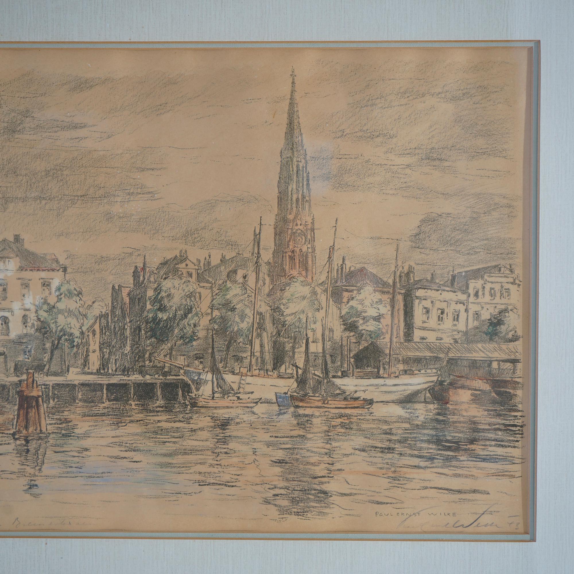 Antique Watercolor Painting, Cityscape Harbor Scene by Paul Ernst Wilke, c1940 In Good Condition For Sale In Big Flats, NY