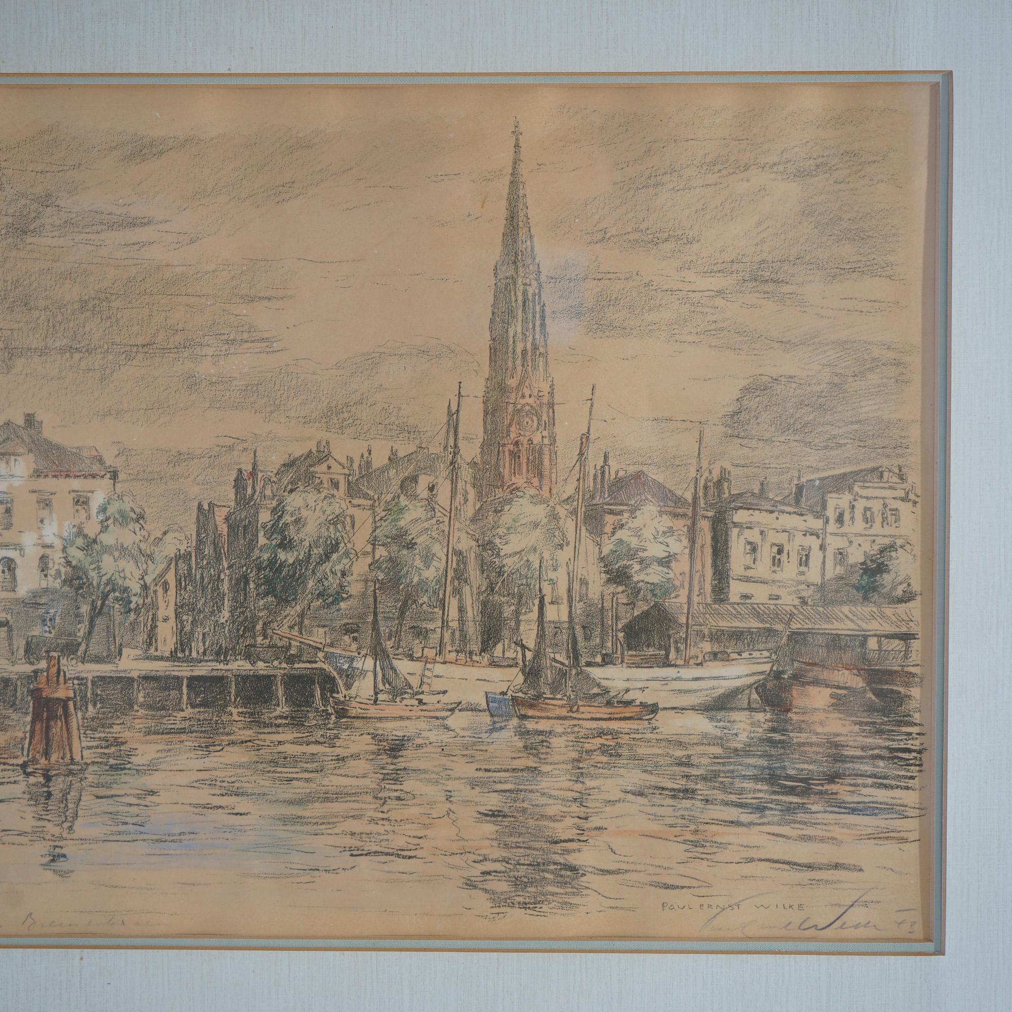 Antikes Aquarellgemälde, Stadtlandschaft, Hafenszene von Paul Ernst Wilke, um 1940 im Zustand „Gut“ in Big Flats, NY