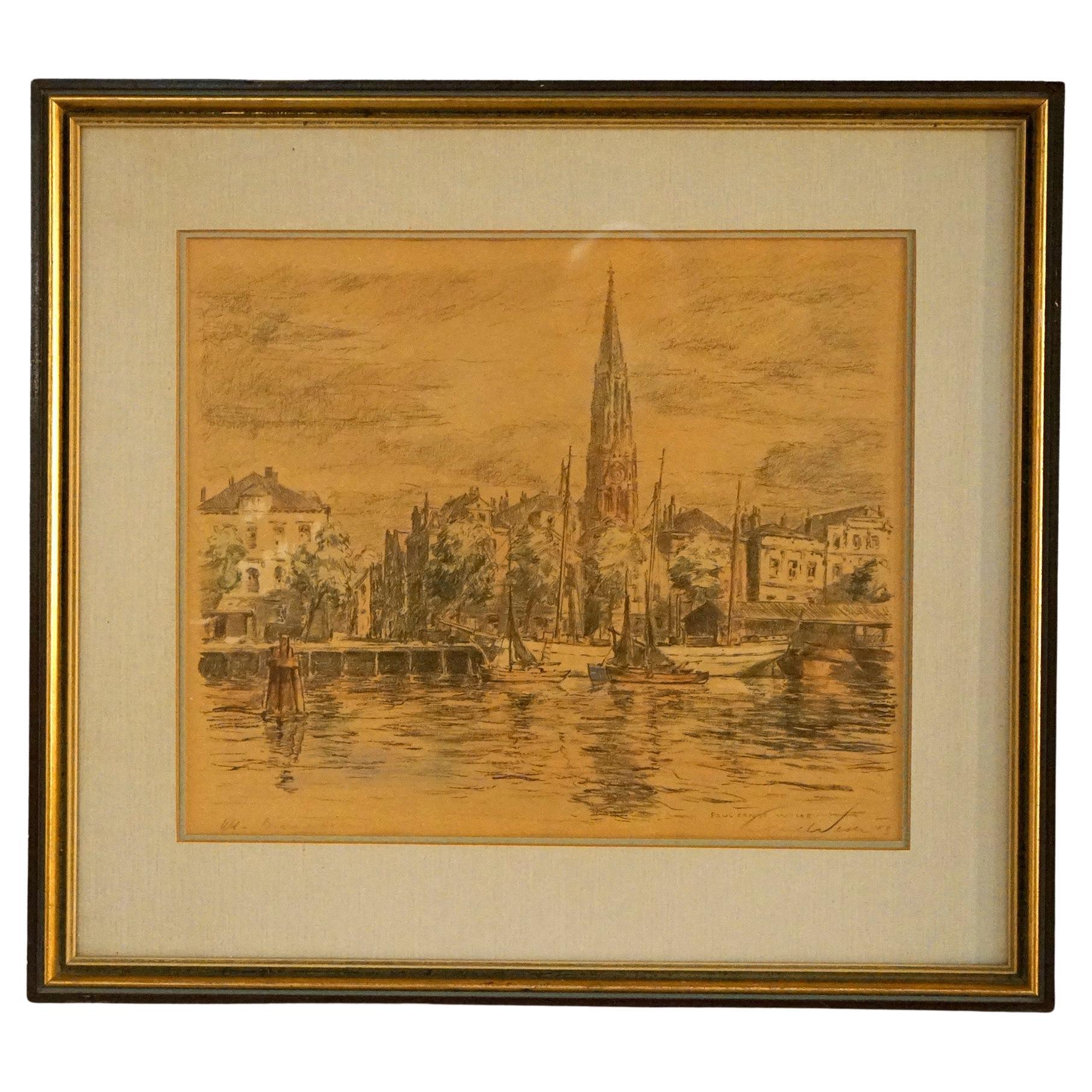 Antique Watercolor Painting, Cityscape Harbor Scene by Paul Ernst Wilke, c1940 For Sale