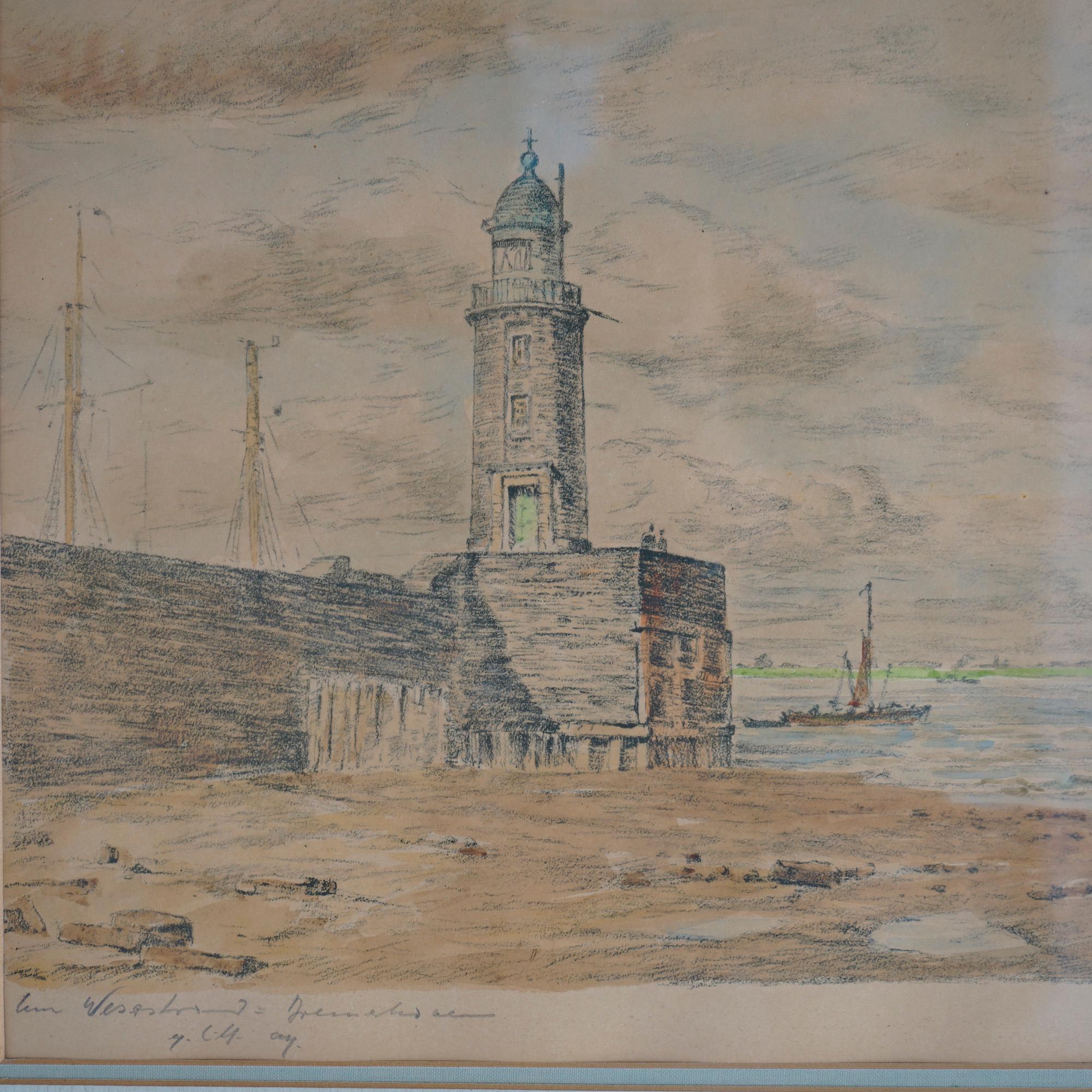 Une peinture ancienne de paysage marin par Paul Earnst Wilke offre une scène côtière en aquarelle avec un phare, des bateaux et des personnages, l'artiste a signé en bas à droite, encadré, c1940.

Mesures : 20,5'' H x 22,5'' L x 1'' P.

Note sur le