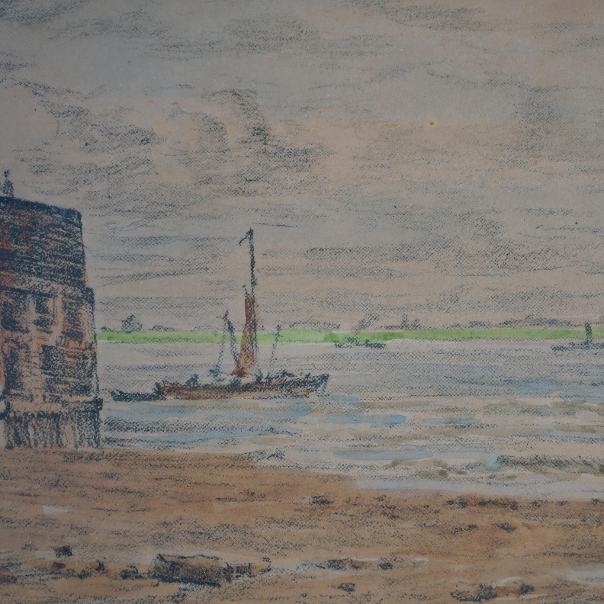 Hand-Painted Antique Watercolor Painting, Lighthouse Seascape by Paul Ernst Wilke, c1940 For Sale