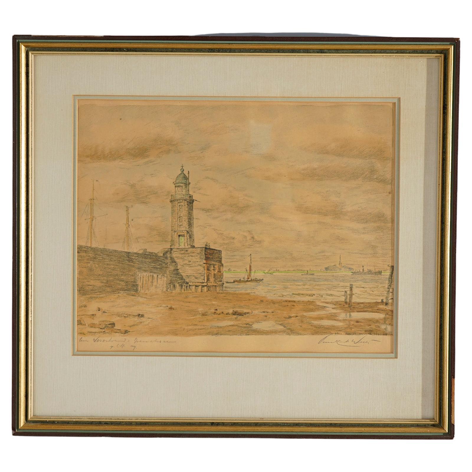 Antique Watercolor Painting, Lighthouse Seascape by Paul Ernst Wilke, c1940