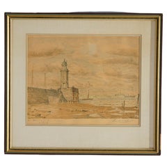 Antique Watercolor Painting, Lighthouse Seascape by Paul Ernst Wilke, c1940