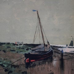 Antique Watercolor Seascape Painting with Fishing Boats & Figures by FWW, 19th C