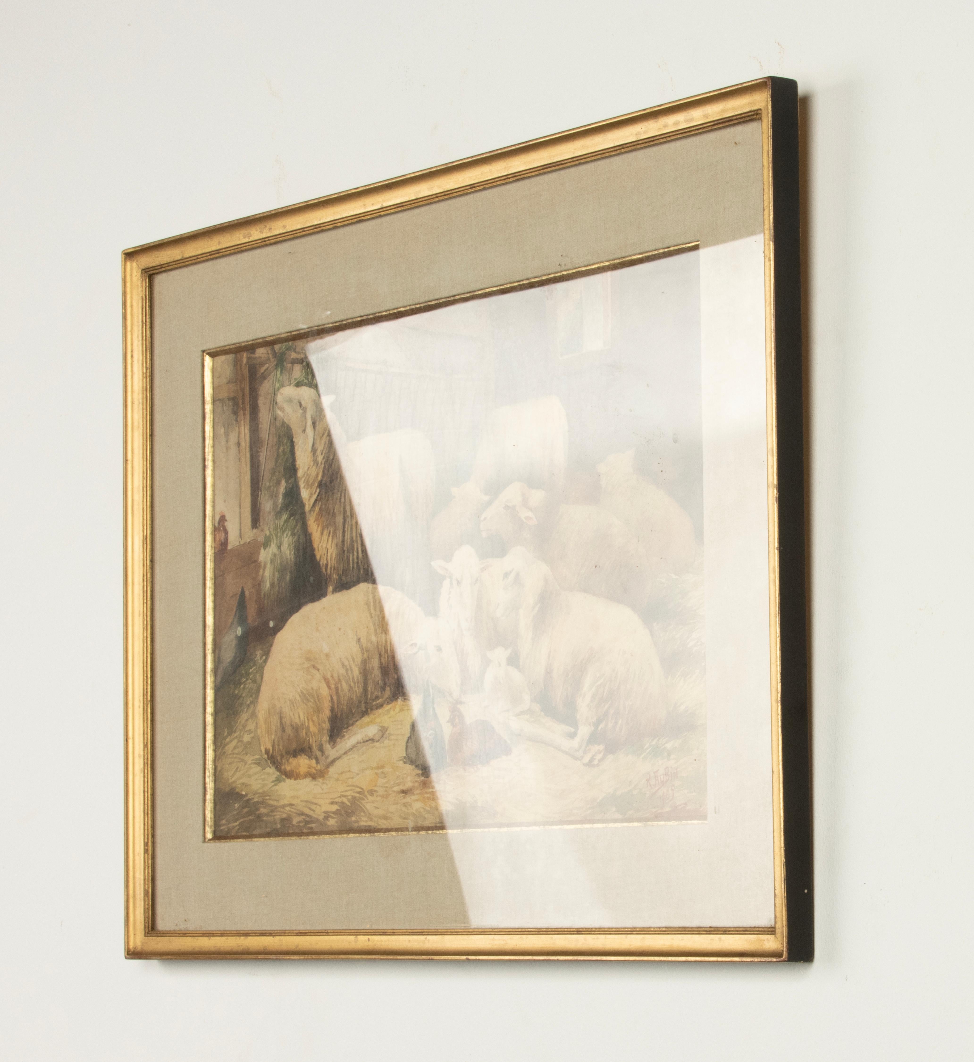 Aquarelle ancienne avec moutons et poulets, datée de 1905, R. Aubin en vente 2