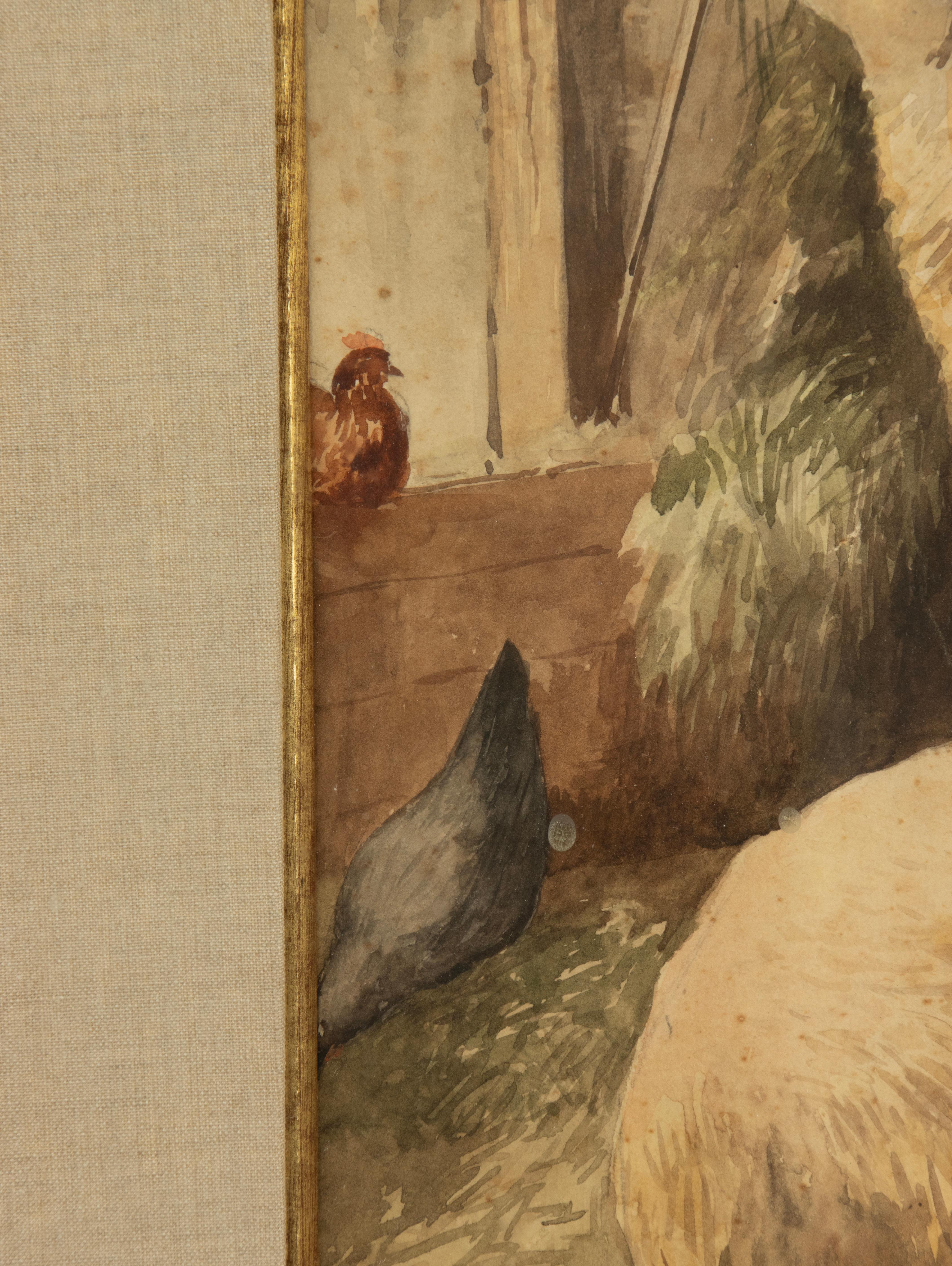 Aquarelle ancienne avec moutons et poulets, datée de 1905, R. Aubin en vente 5