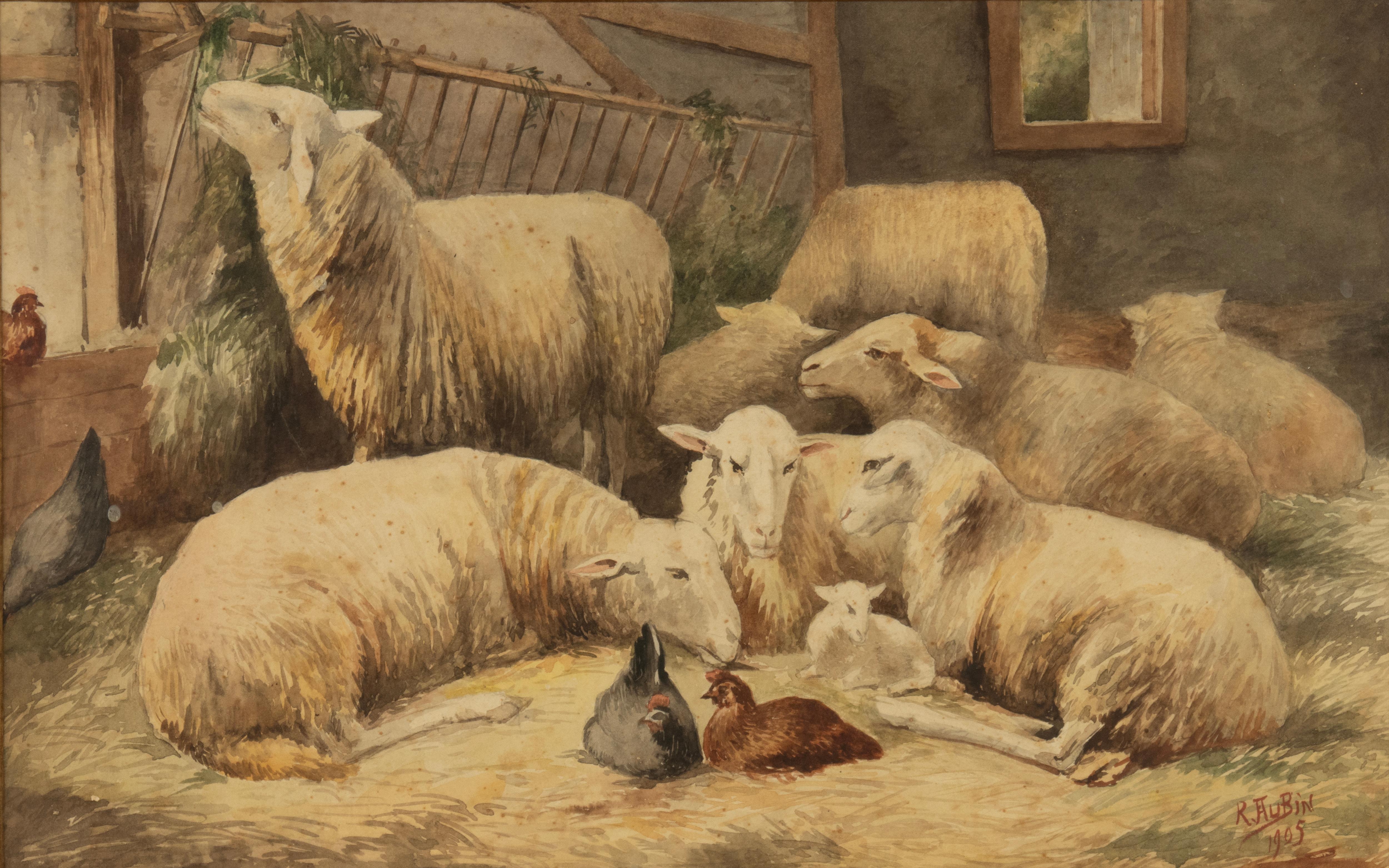 Une belle aquarelle ancienne, représentant des moutons et des poules dans une bergerie. 
Magnifique peinture, avec une bonne utilisation des couleurs et des détails fins. 
L'œuvre est signée en bas à droite et datée, 1905, R. Aubin. Nous n'avons pu