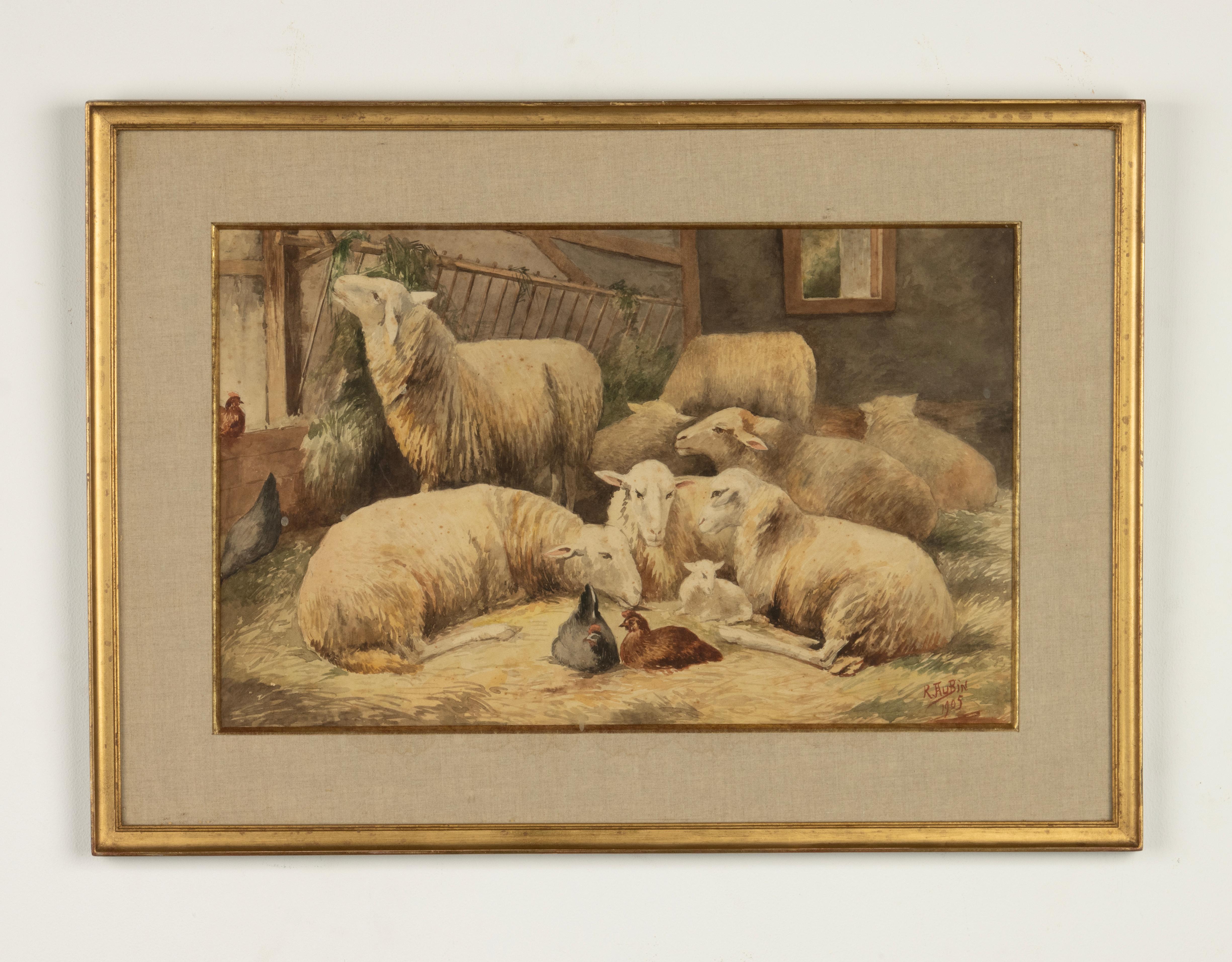 Belle Époque Aquarelle ancienne avec moutons et poulets, datée de 1905, R. Aubin en vente