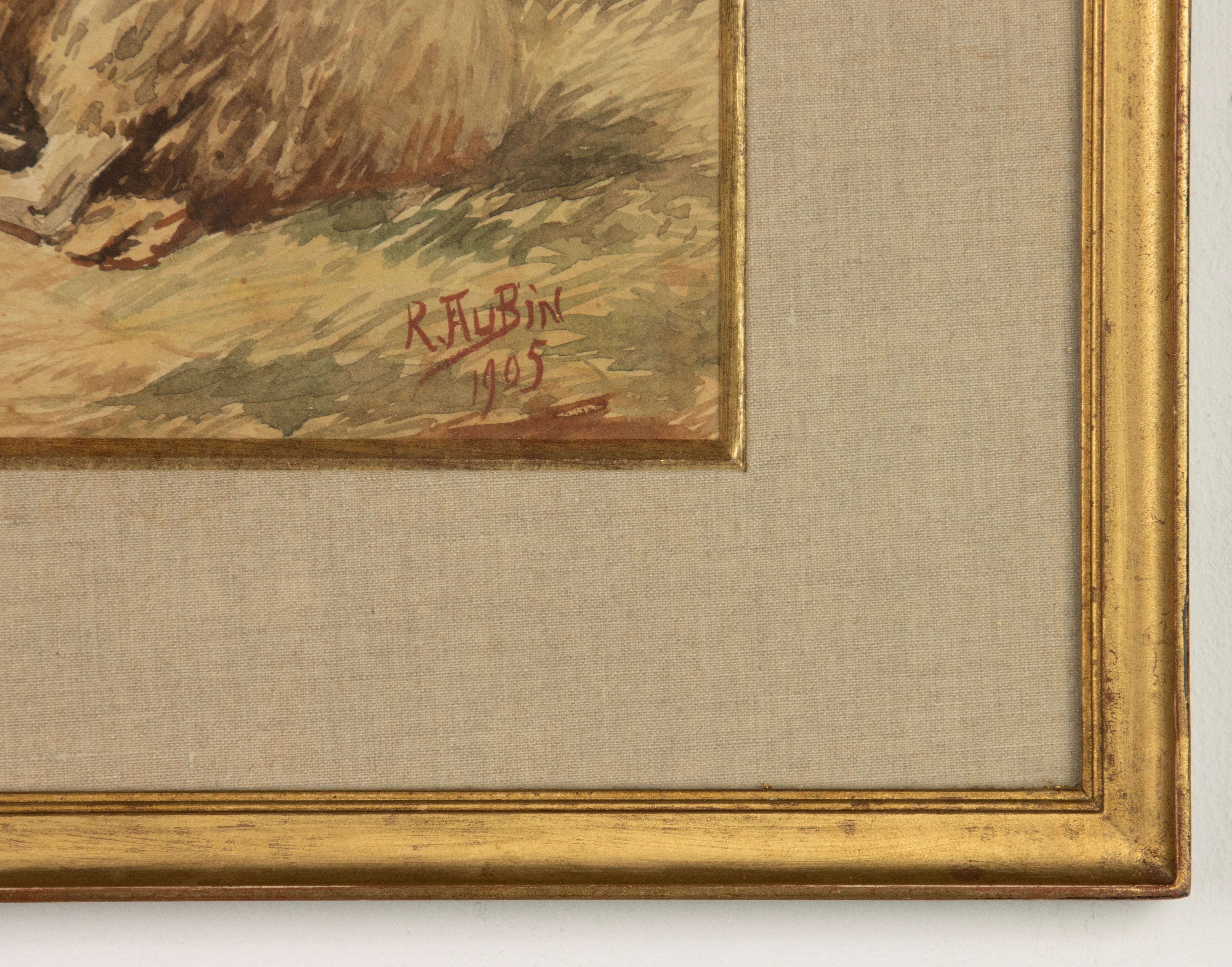 Français Aquarelle ancienne avec moutons et poulets, datée de 1905, R. Aubin en vente