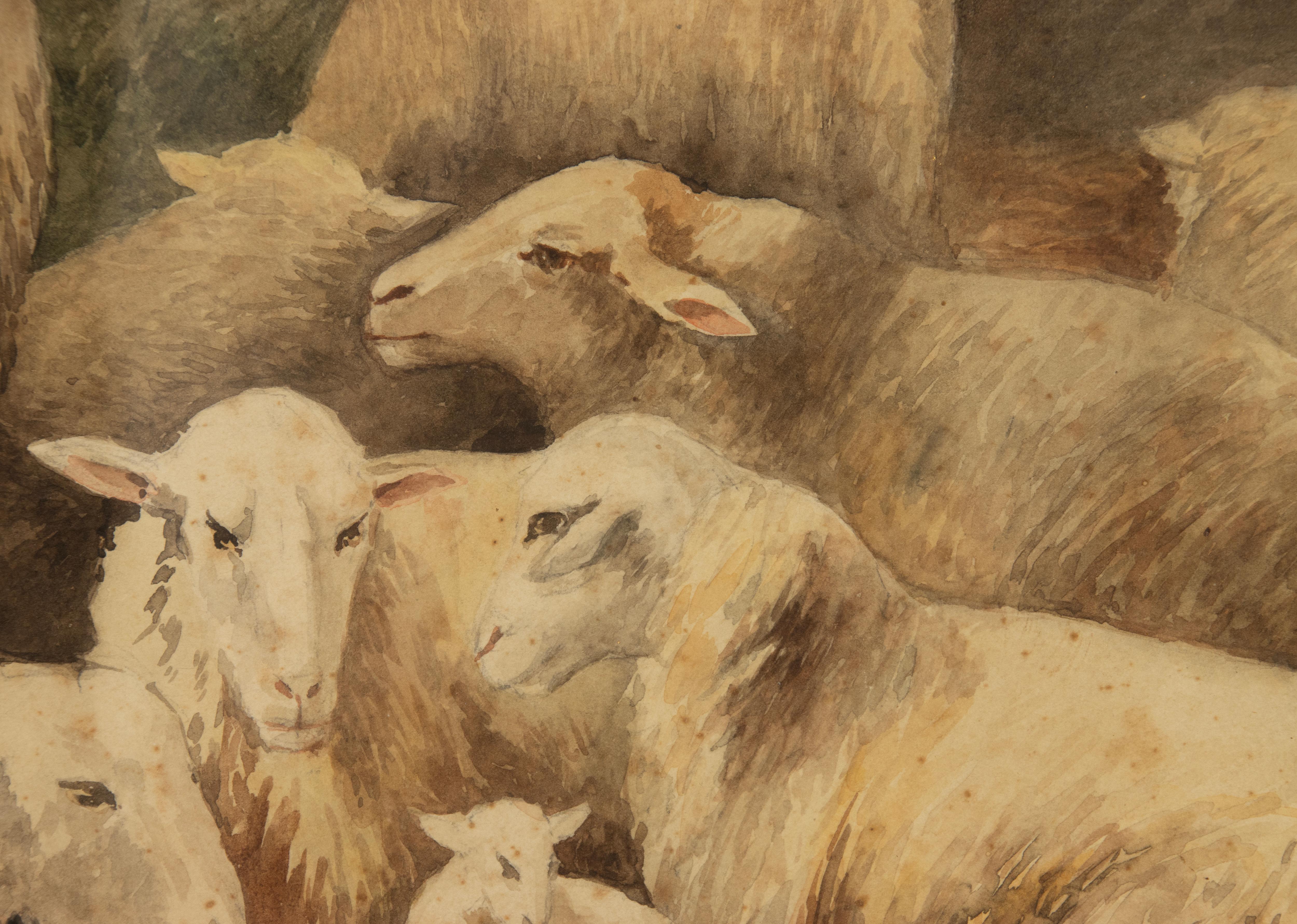 Peint à la main Aquarelle ancienne avec moutons et poulets, datée de 1905, R. Aubin en vente