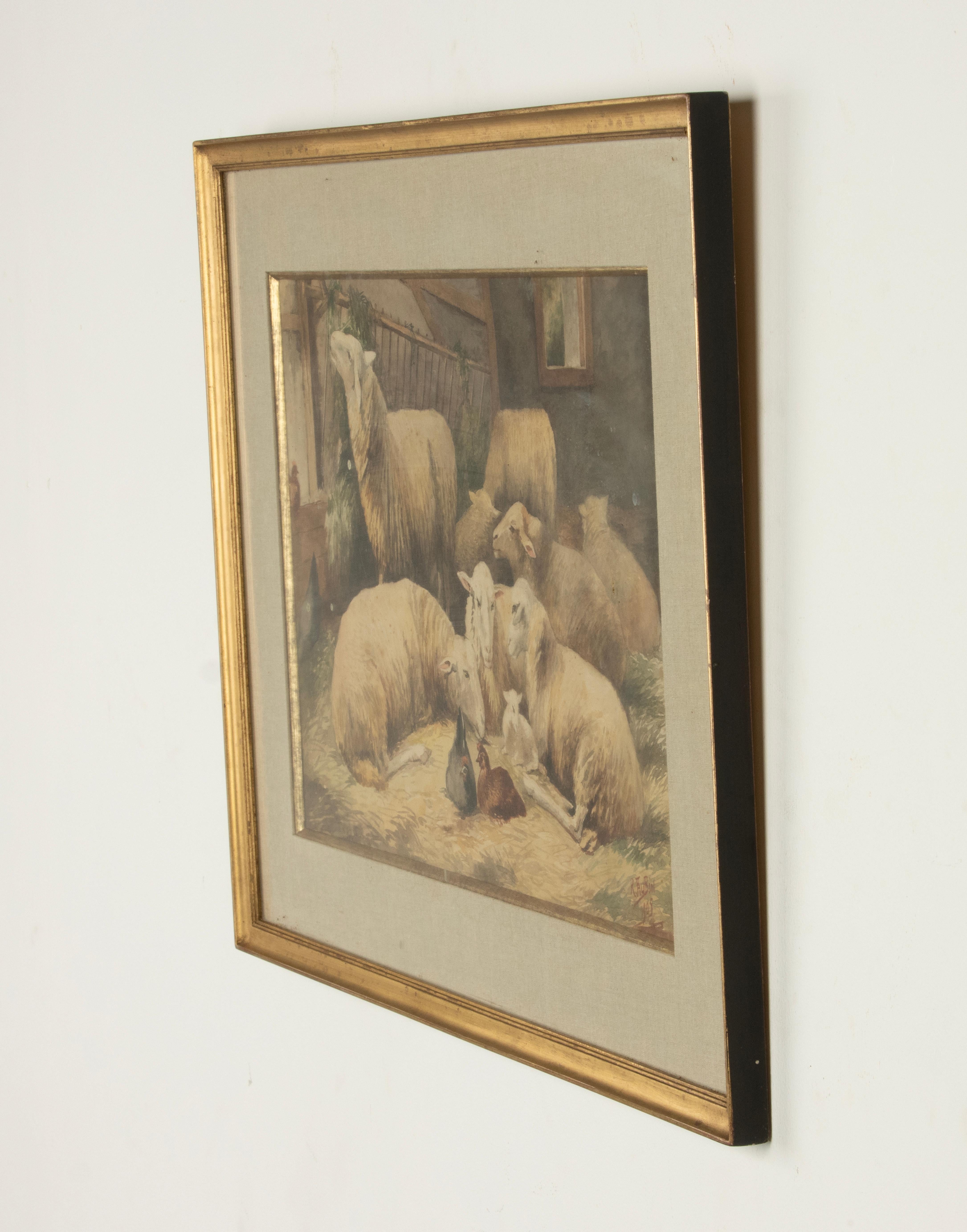 Aquarelle ancienne avec moutons et poulets, datée de 1905, R. Aubin Bon état - En vente à Casteren, Noord-Brabant