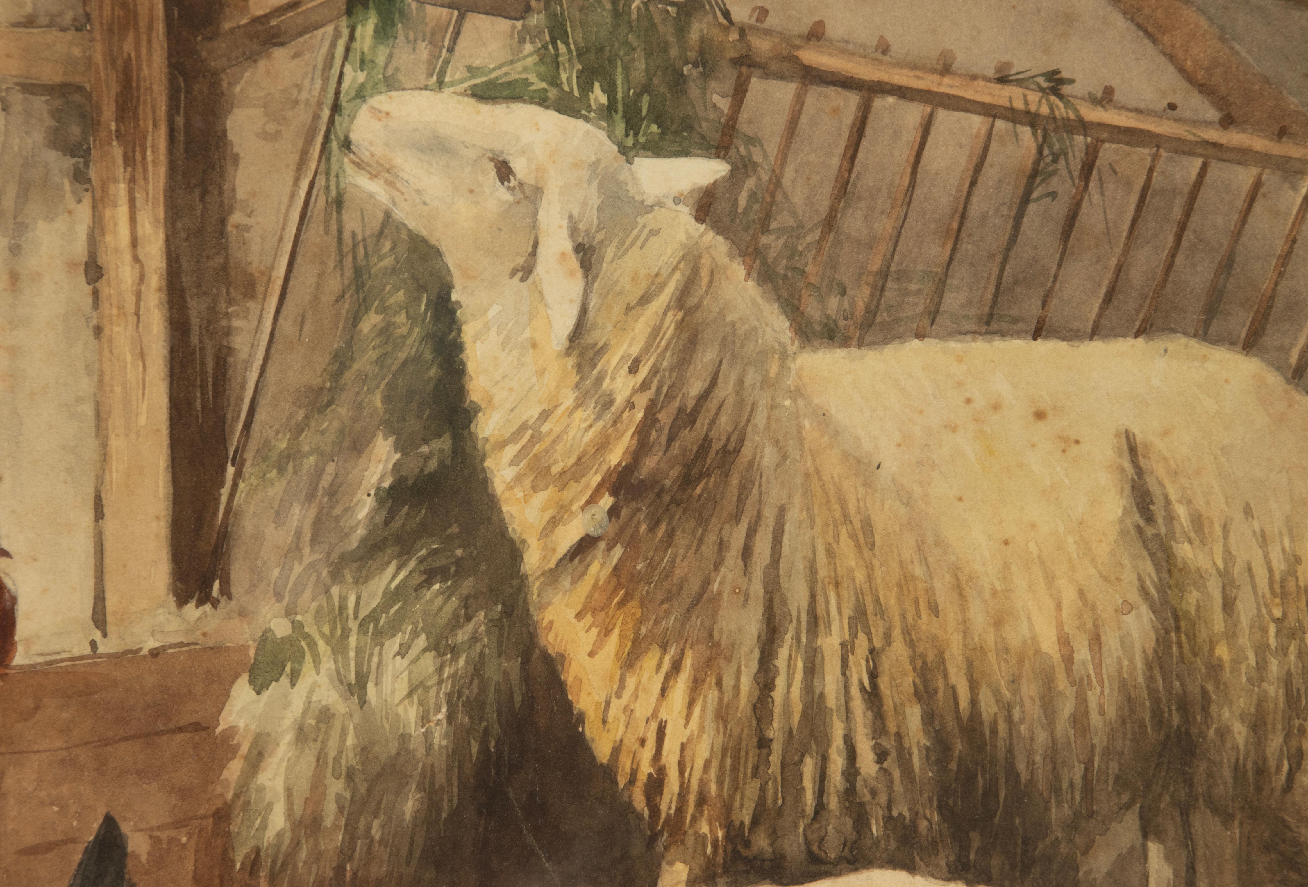 Début du 20ème siècle Aquarelle ancienne avec moutons et poulets, datée de 1905, R. Aubin en vente