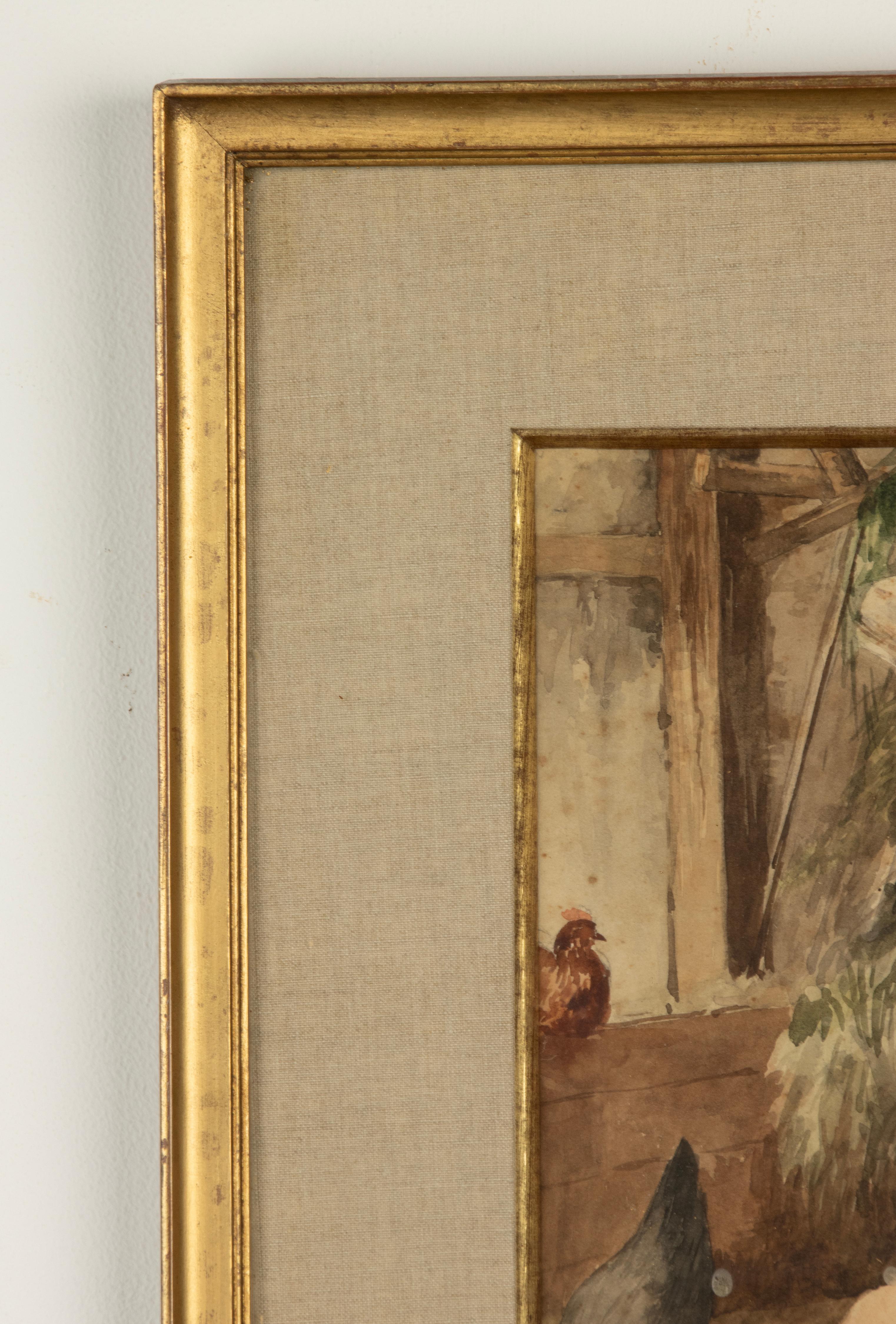 Papier Aquarelle ancienne avec moutons et poulets, datée de 1905, R. Aubin en vente