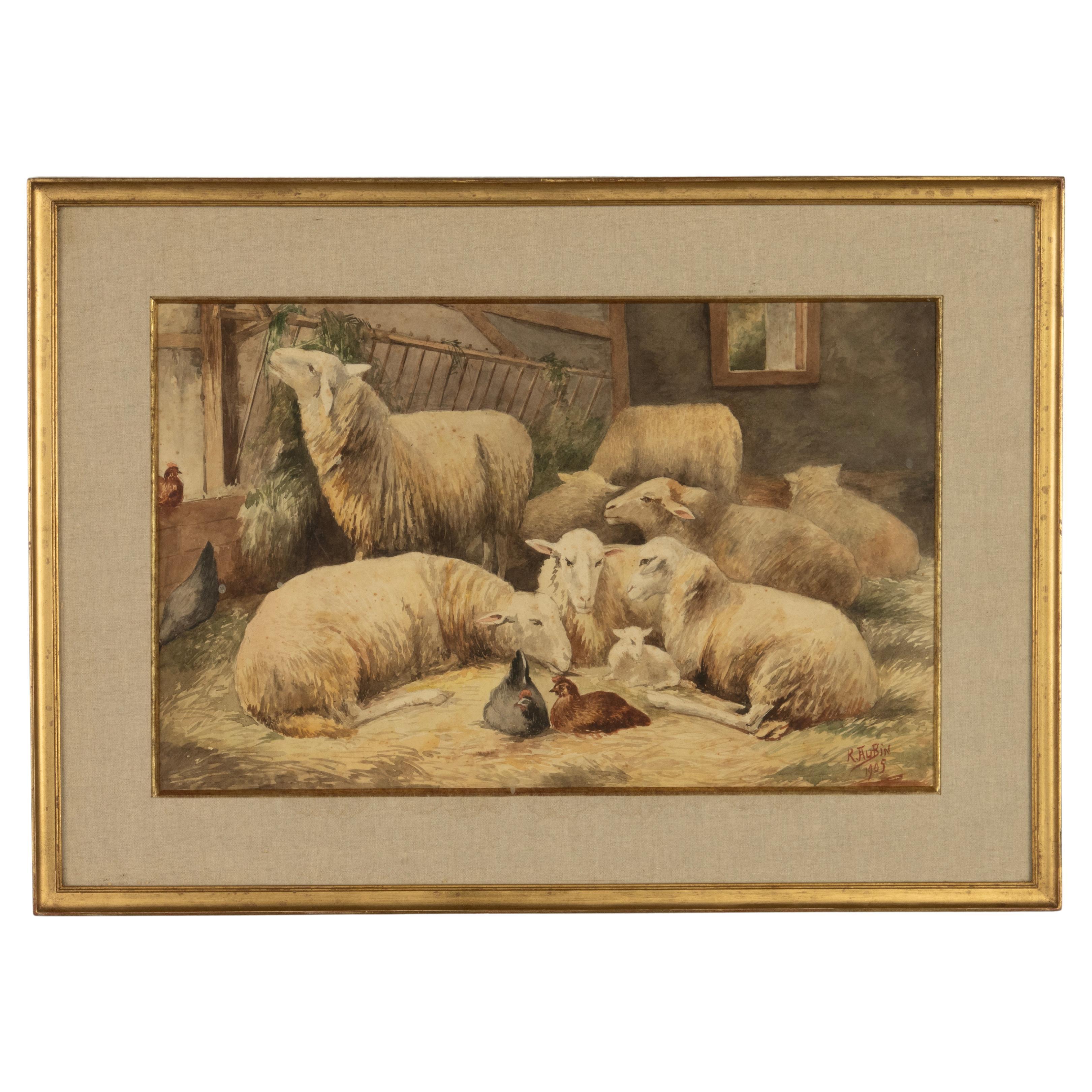 Antique Watercolor with Sheep and Chickens - Dated 1905 - R. Aubin