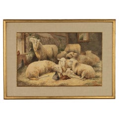 Vintage Watercolor with Sheep and Chickens - Dated 1905 - R. Aubin 