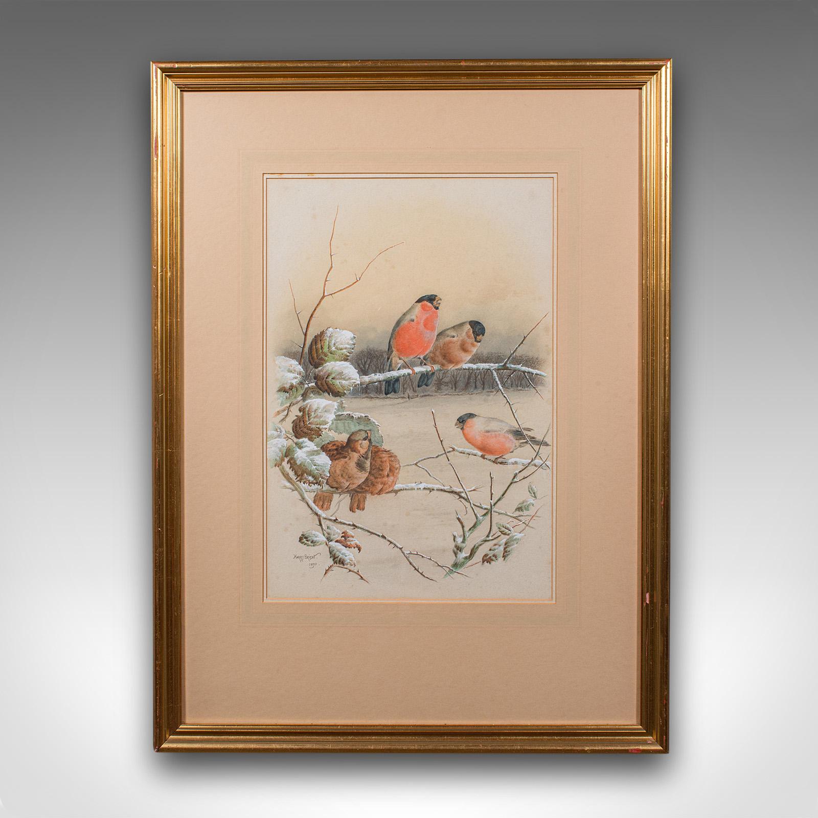 Dies ist ein antikes Aquarell. Eine englische ornithologische Winterszene von Harry Bright (1846 - 1895) aus dem späten viktorianischen Zeitalter, um 1890. Eine wunderschöne Cotswold-Landschaft von einem angesehenen Vogelkünstler und Illustrator,