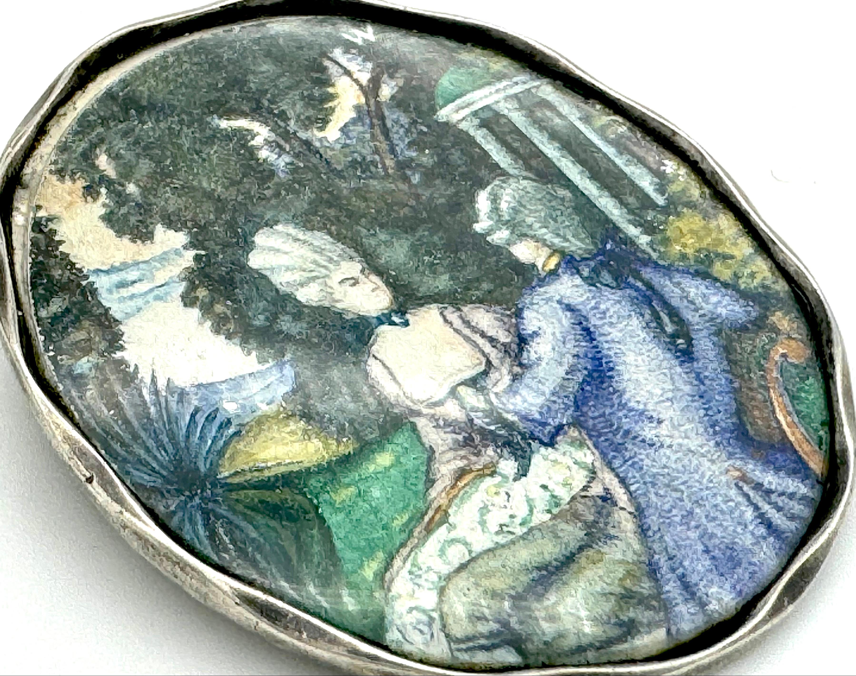 Acuarela antigua Pintura en miniatura Broche Escena romántica Plata Viena Art Nouveau en venta