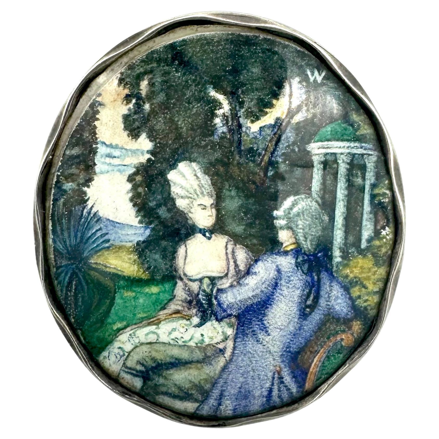 Acuarela antigua Pintura en miniatura Broche Escena romántica Plata Viena en venta