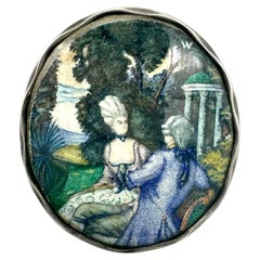 Antique Watercolour Miniature Painting Brooch Romantic Scene Silver Vienna