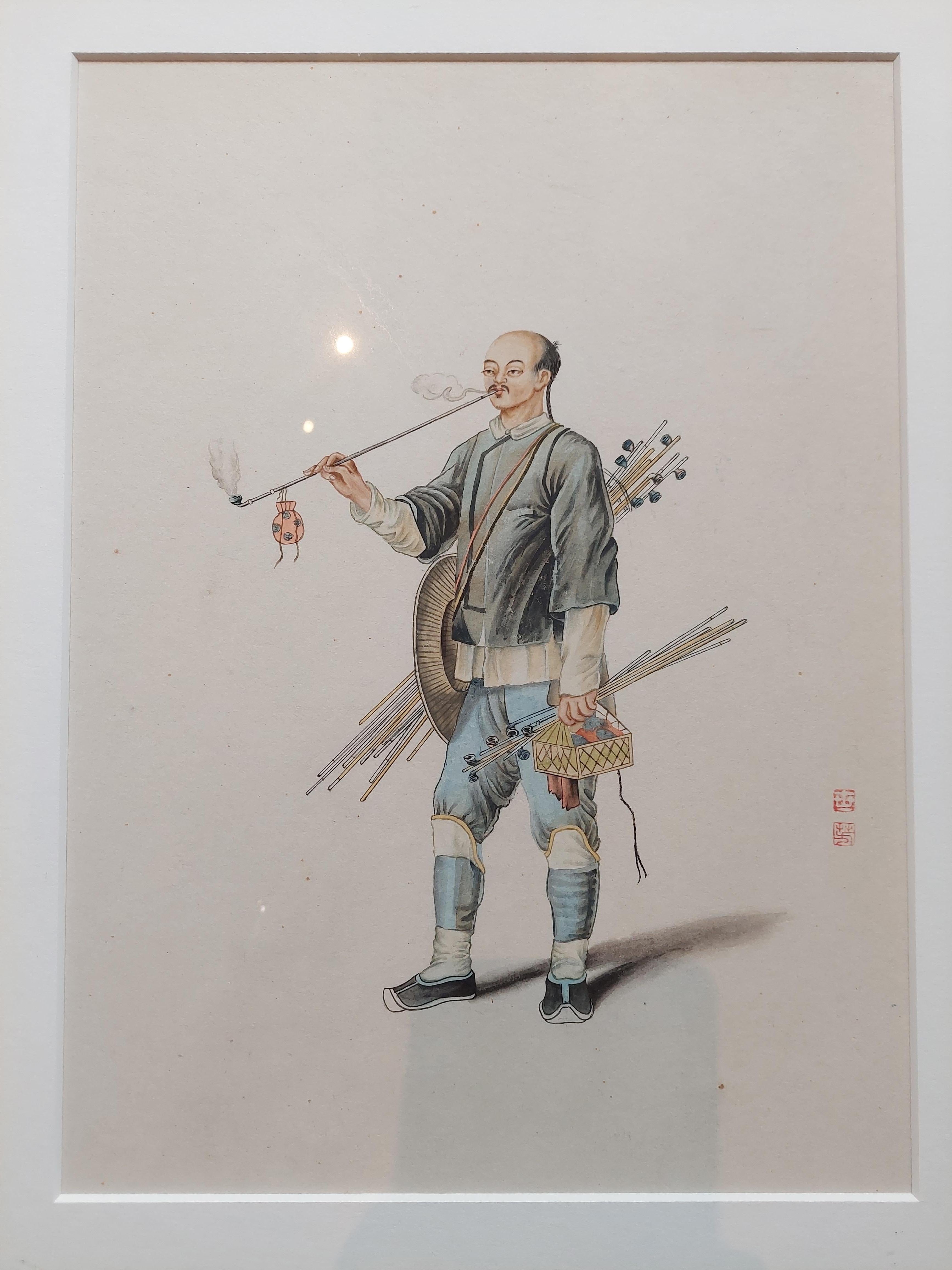 Watercolour of a Chinese seller of pipes. Published late 19th/ early 20th cent. With artist's (?) stamps.