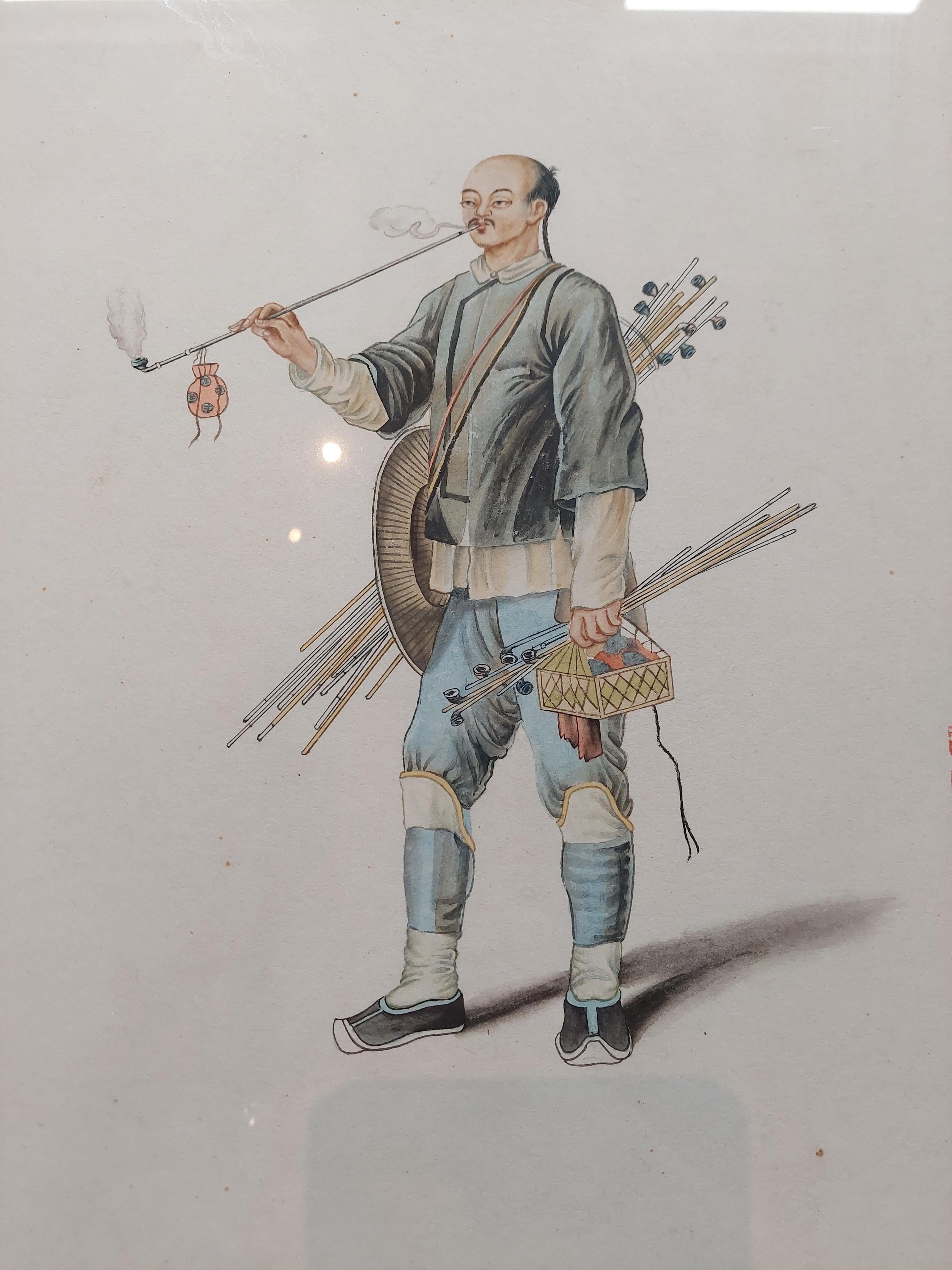Antique Watercolour of a Chinese Seller of Pipes 'c.1900' In Good Condition For Sale In Langweer, NL
