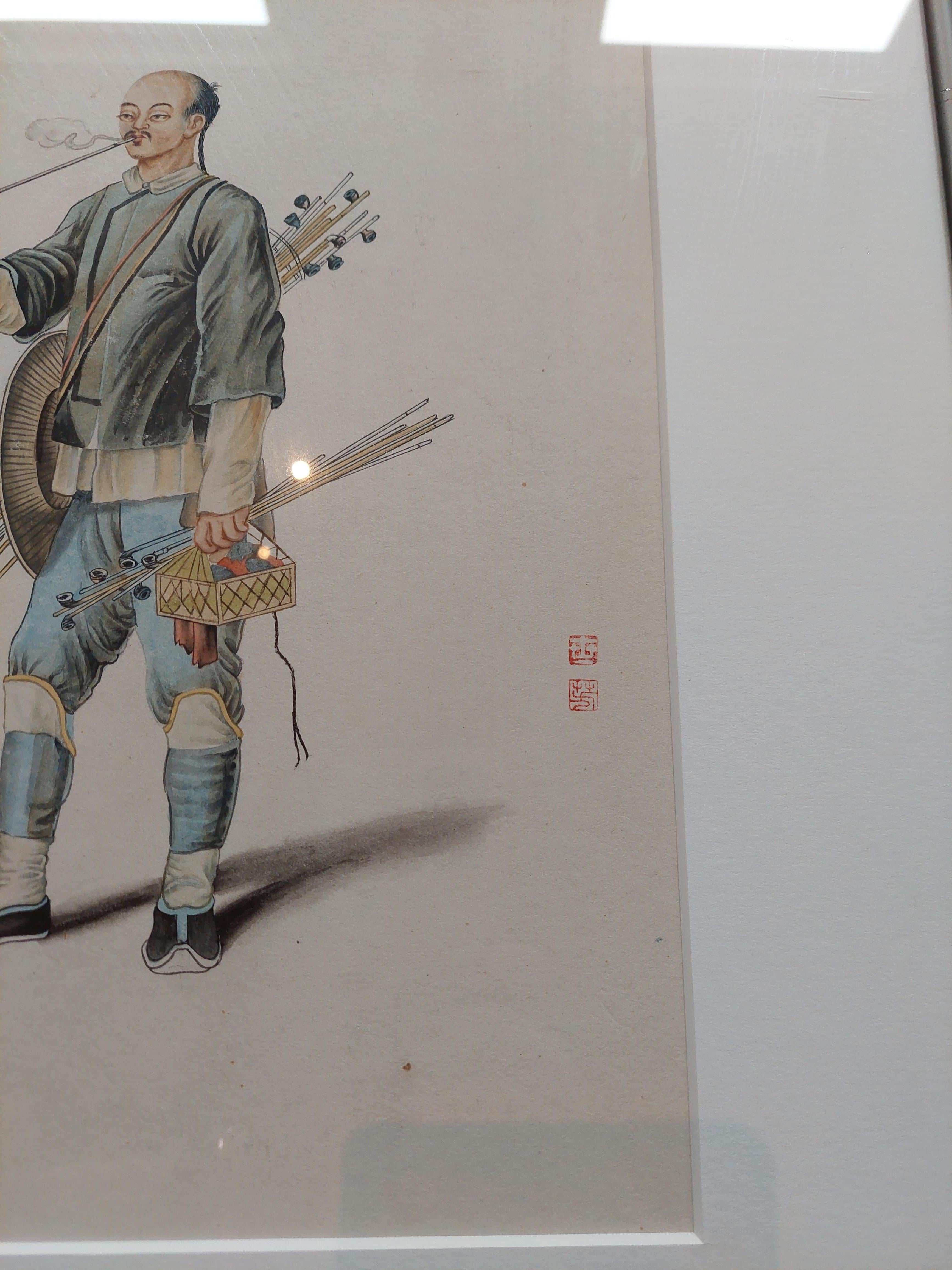 20th Century Antique Watercolour of a Chinese Seller of Pipes 'c.1900' For Sale
