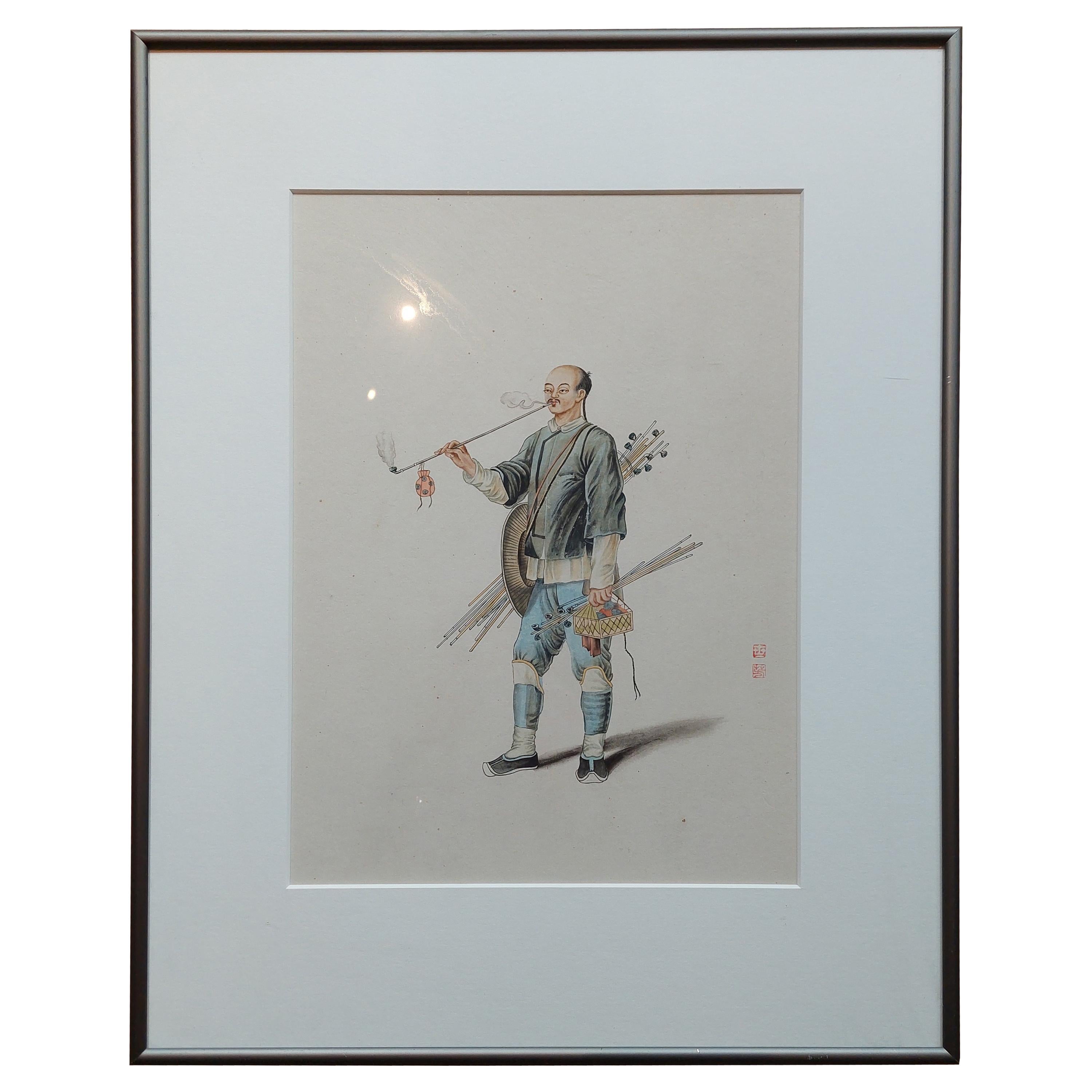 Antique Watercolour of a Chinese Seller of Pipes 'c.1900' For Sale