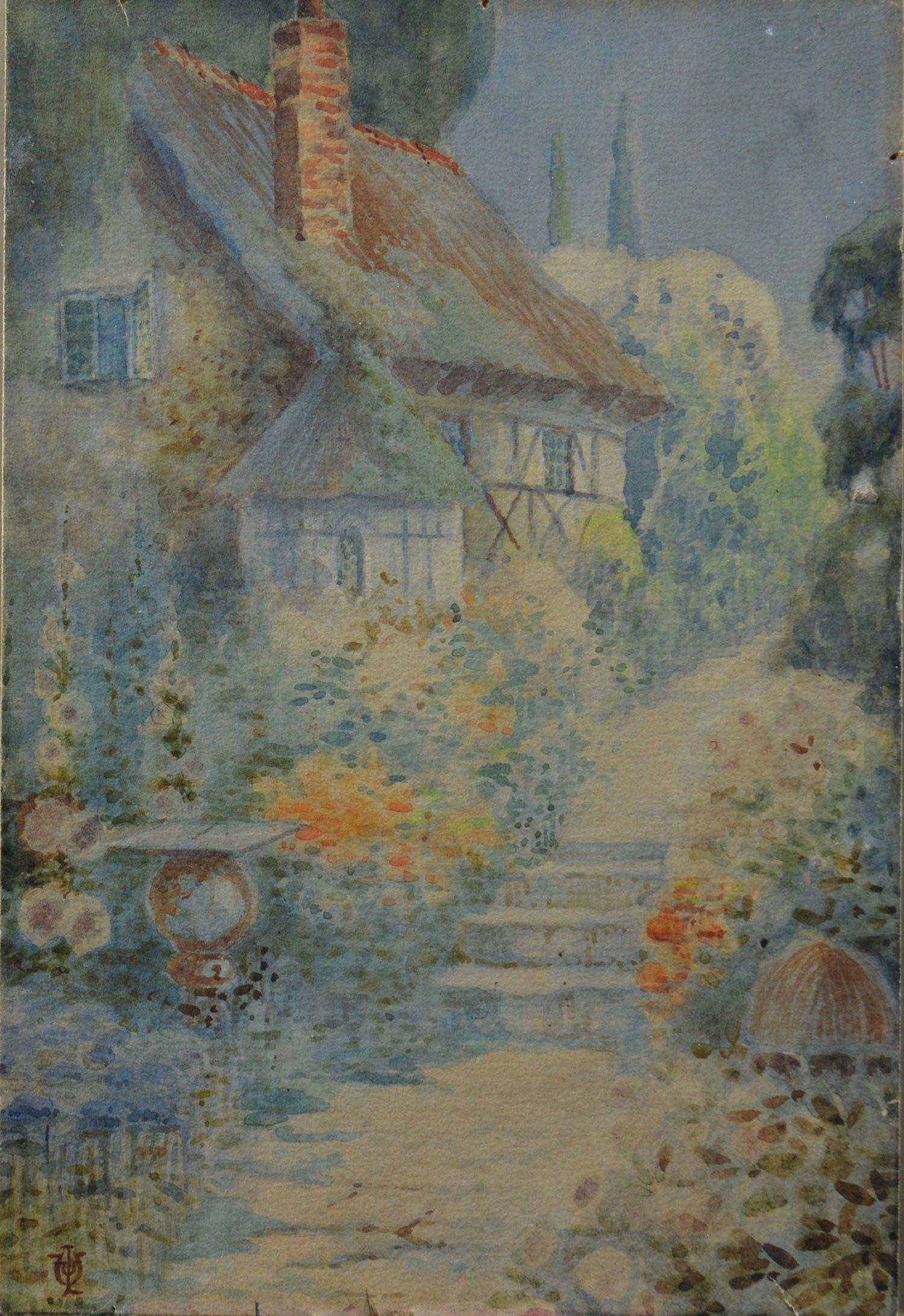A beautiful watercolor of an English country cottage

On card,

late 19th century.

Signed with monogram bottom left. Artist unknown.

Unframed

Unrestored condition. The colors have faded.
 