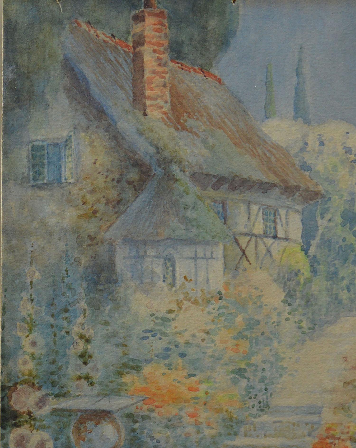 Painted Antique Watercolor of an English Country Cottage, 19th Century