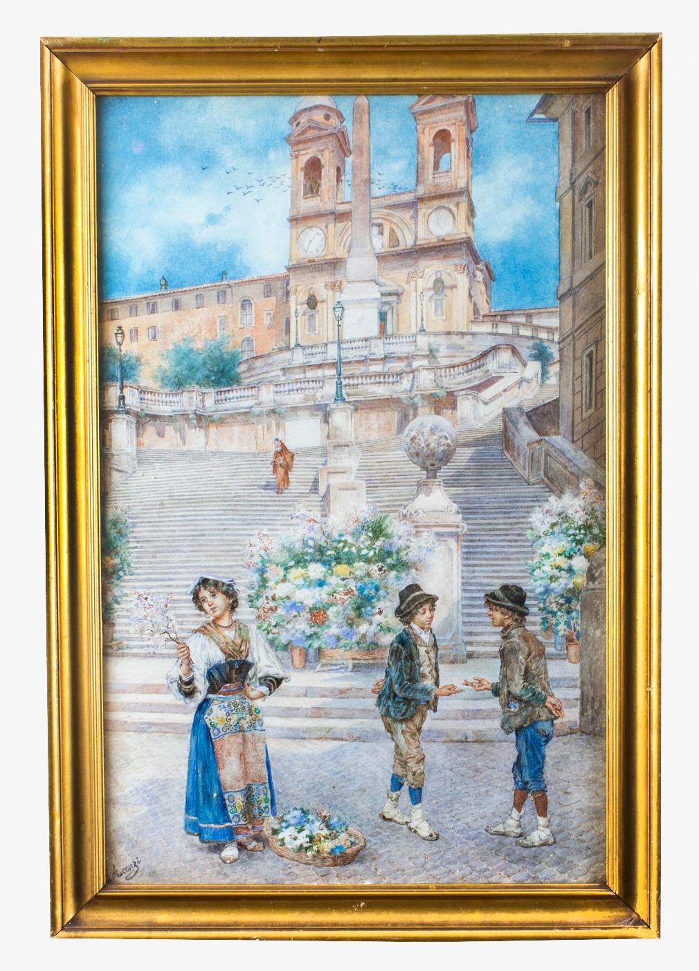 Acquerello antico di Piazza di Spagna, Roma, Ettore Ascenzi XIX secolo in vendita 6