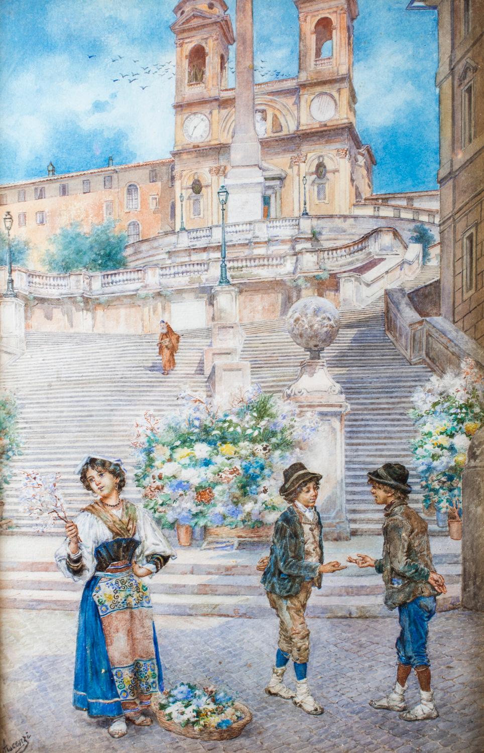 This is a beautiful antique watercolour study by Ettore Ascenzi of the Spanish Steps, Rome , circa 1890 in date and signed.

The colours are incredibly vibrant for its age and the painting  is in it's beautiful original giltwood frame.

Auction