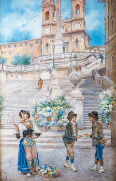 Antique Watercolour of the Spanish Steps, Rome, Ettore Ascenzi 19th Century