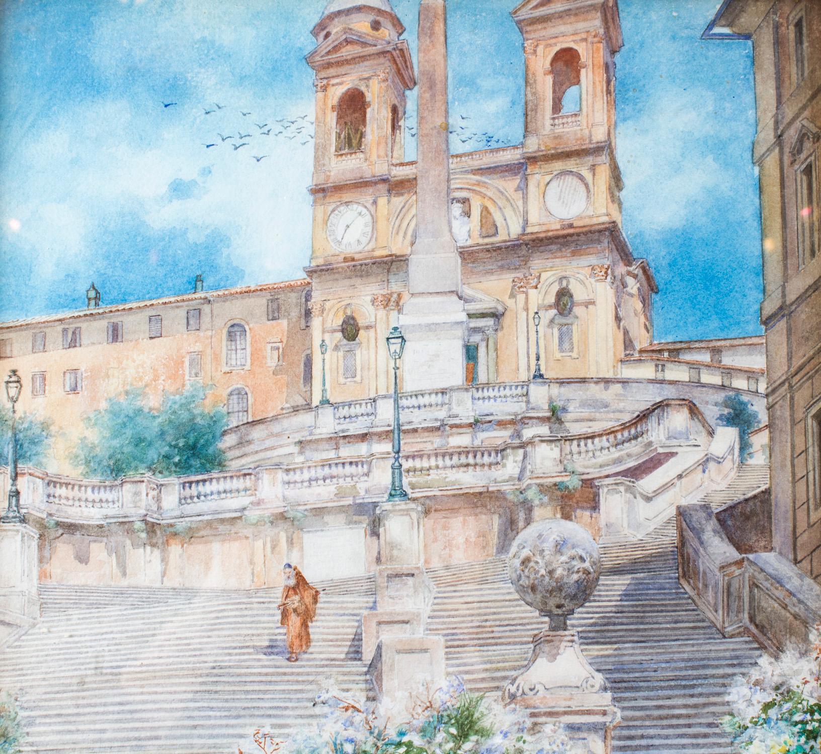 Canvas Antique Watercolour of the Spanish Steps, Rome, Ettore Ascenzi 19th Century For Sale