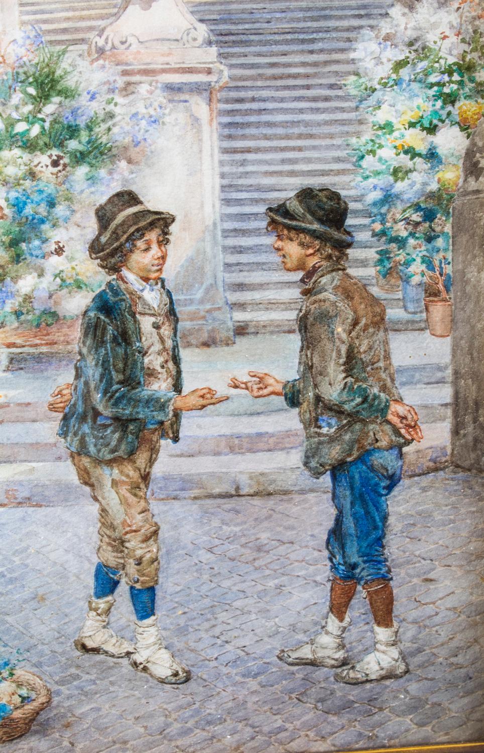 Antique Watercolour of the Spanish Steps, Rome, Ettore Ascenzi 19th Century For Sale 1