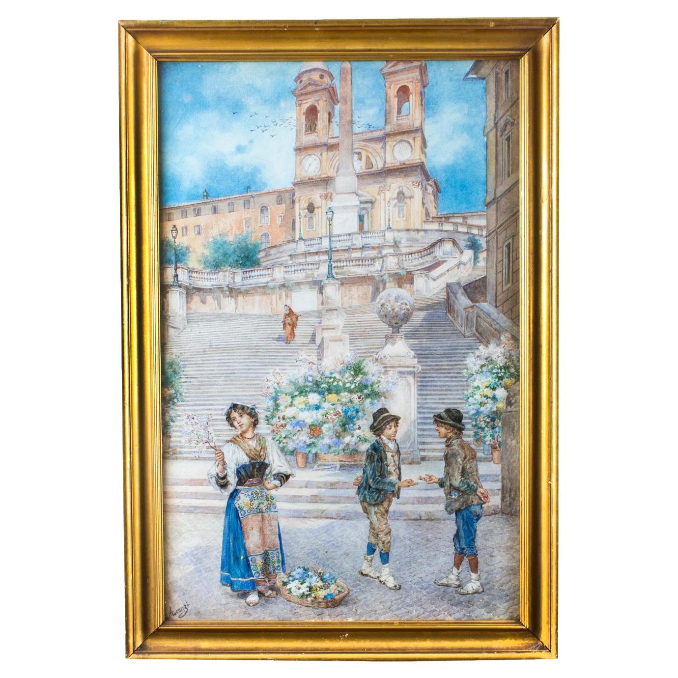 Antique Watercolour of the Spanish Steps, Rome, Ettore Ascenzi 19th Century For Sale