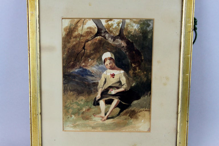Title: Girl in forest
Artist: Unknown
Medium: Watercolor
Painted in circa 1850.

Dimensions: 
Image size: 21.3 × 16.3 cm
Total dimensions: 36 × 29.5 × 1.7 cm

Approximate weight: 784 grams

Condition: Has signs of general usage with some