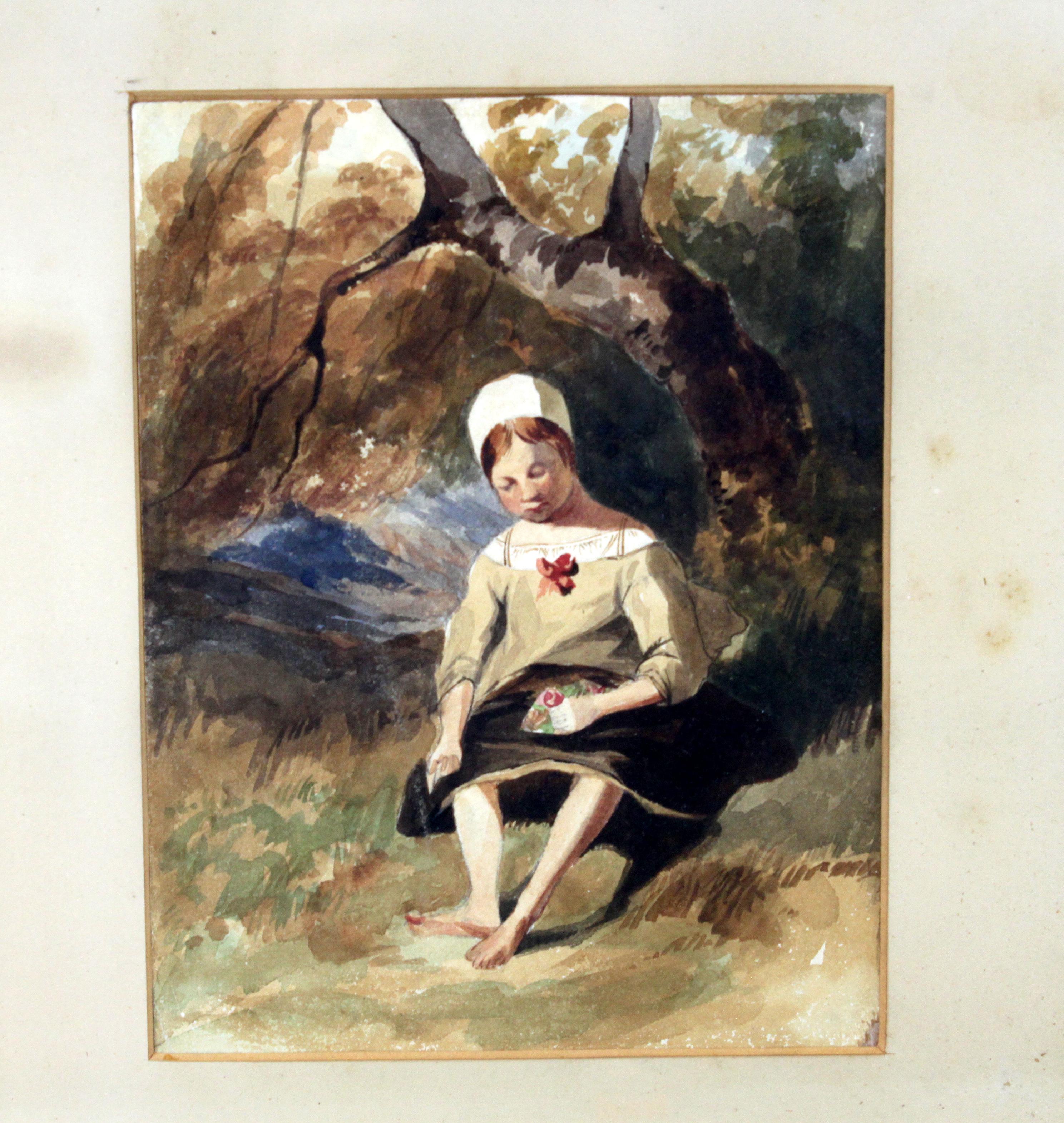 Antikes Aquarellgemälde „Mädchen im Wald“:: um 1850 im Zustand „Gut“ im Angebot in Braintree, GB
