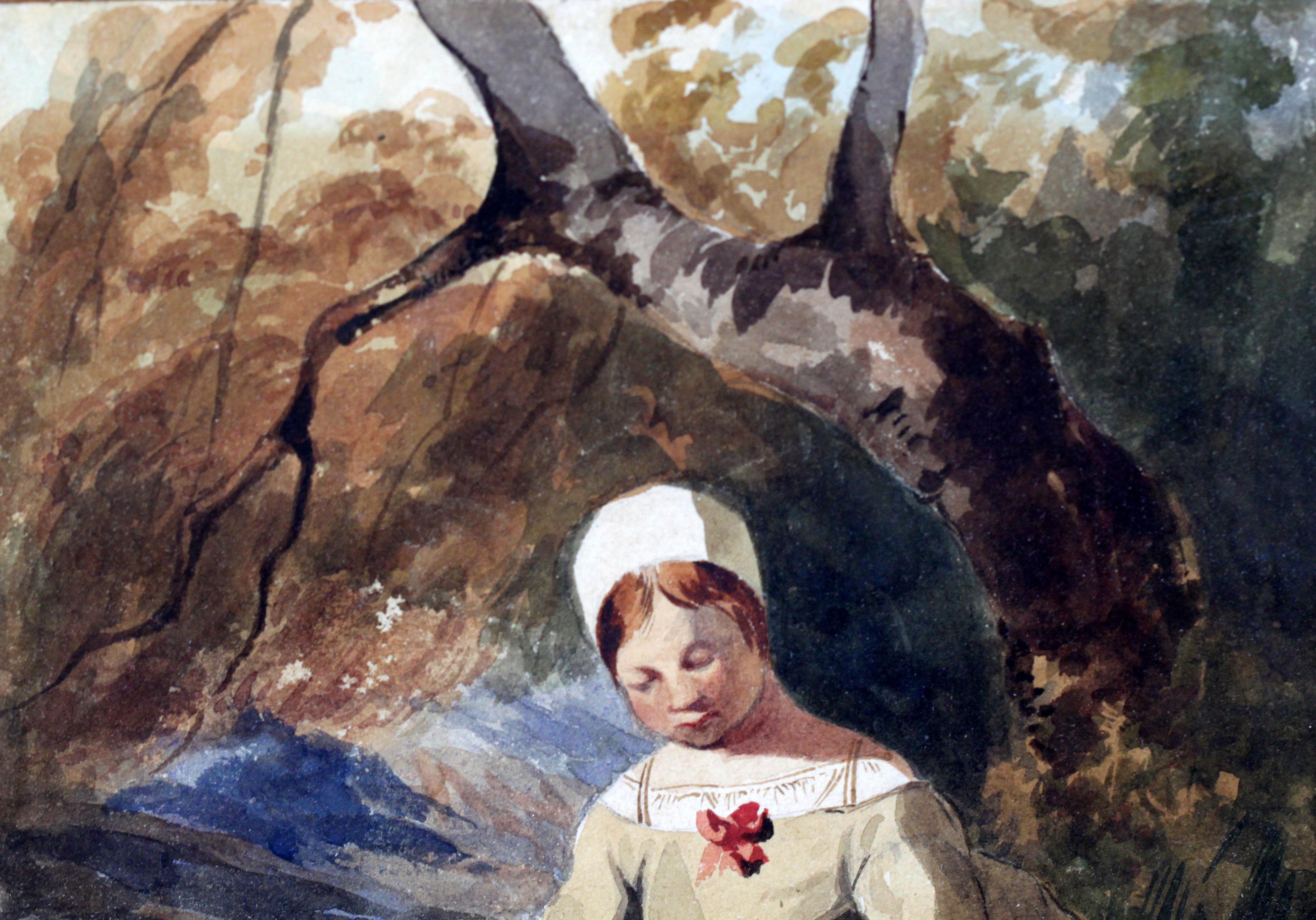 Bois de feuillus Aquarelle ancienne « Girl in Forest »:: datant des années 1850 environ en vente