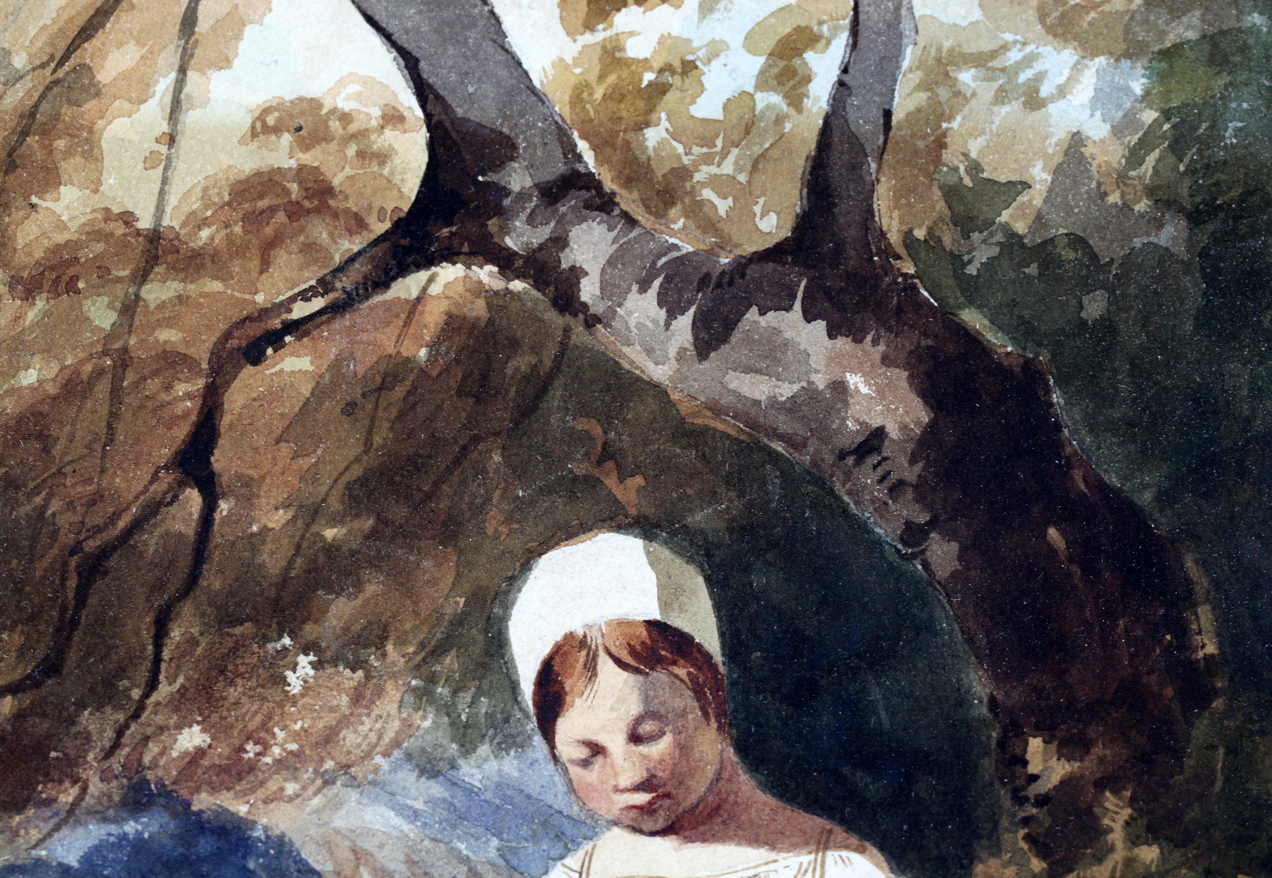 Aquarelle ancienne « Girl in Forest »:: datant des années 1850 environ en vente 1