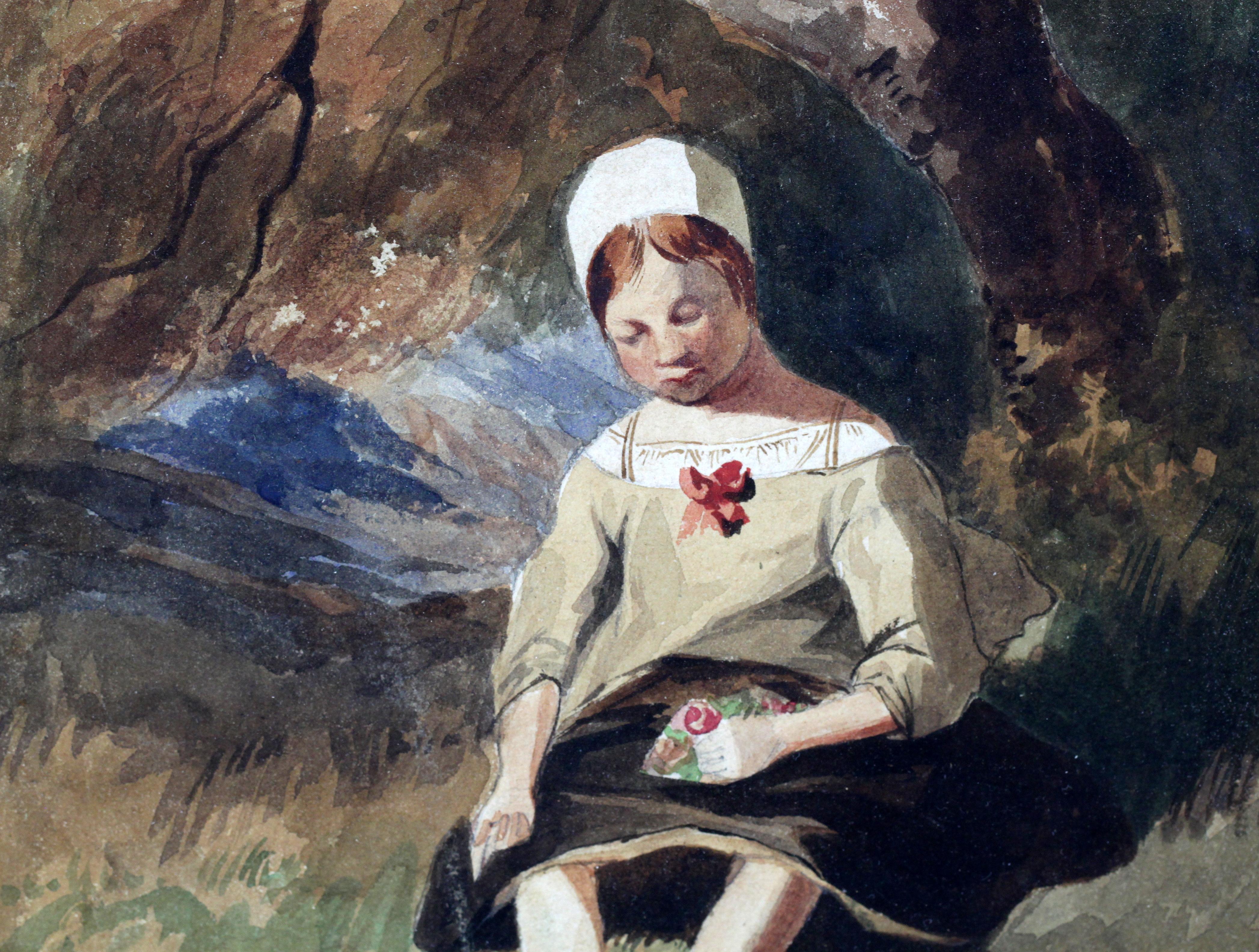 Aquarelle ancienne « Girl in Forest »:: datant des années 1850 environ en vente 2