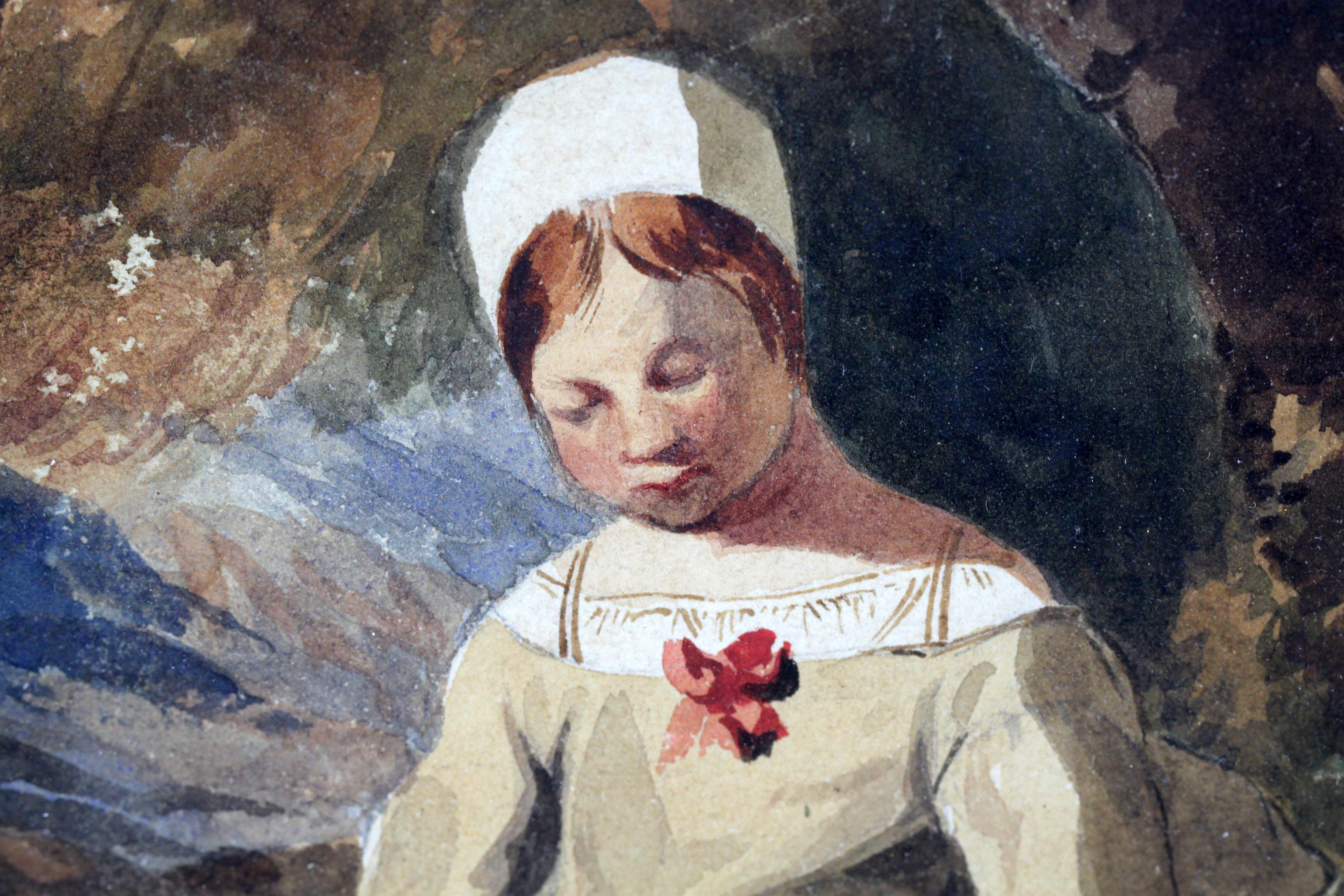 Antikes Aquarellgemälde „Mädchen im Wald“:: um 1850 im Angebot 3