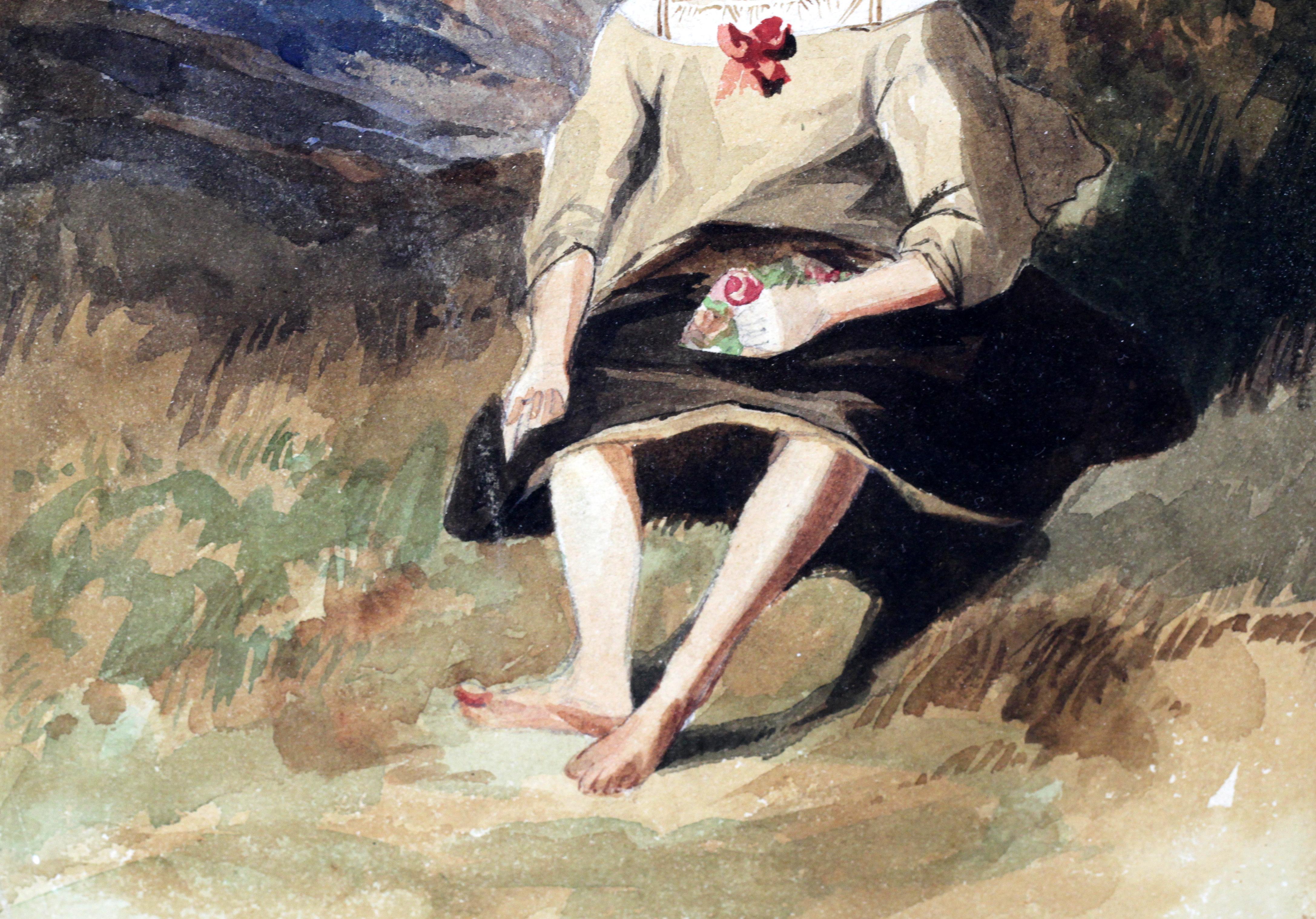 Aquarelle ancienne « Girl in Forest »:: datant des années 1850 environ en vente 4