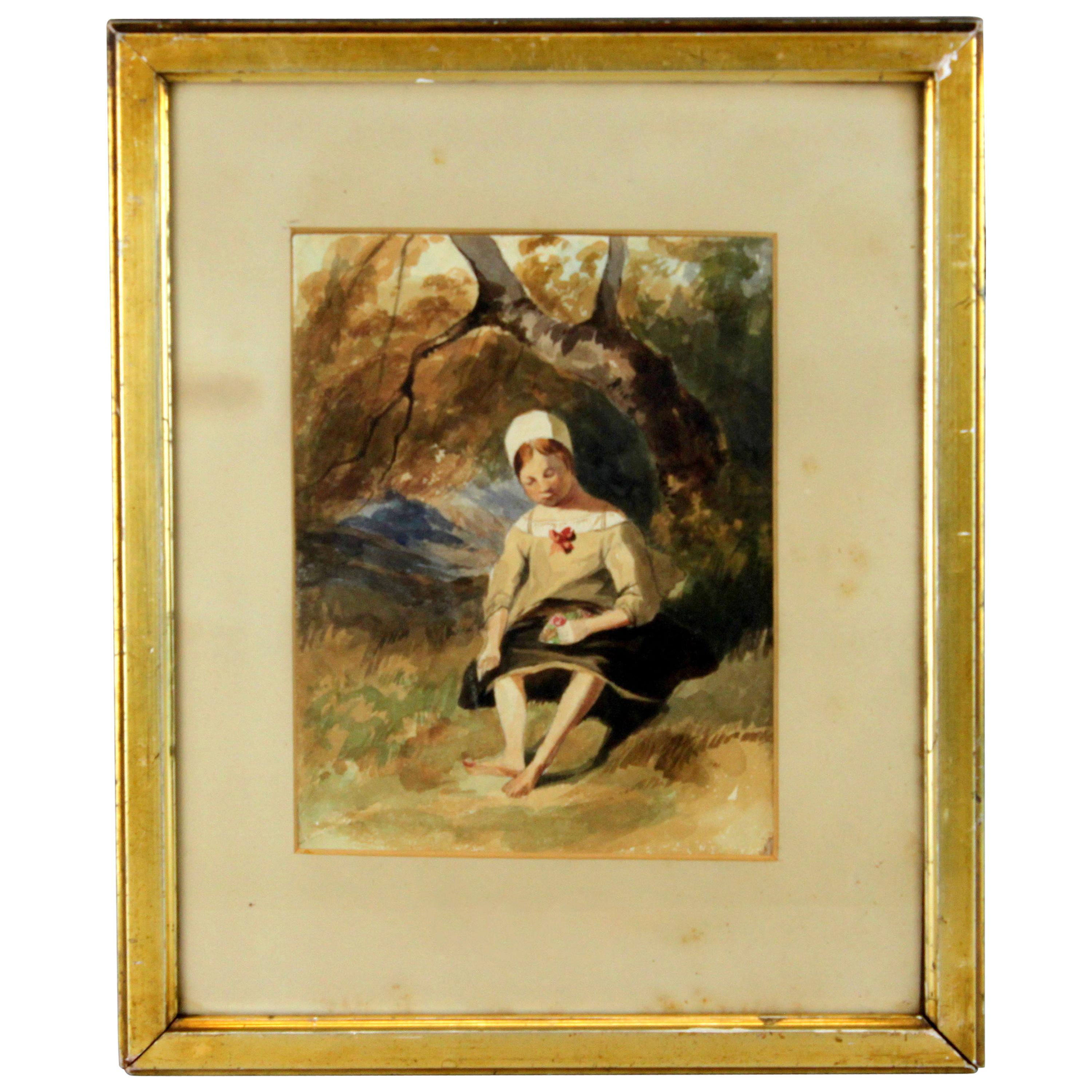 Antique Watercolour Painting "Girl in Forest", circa 1850s