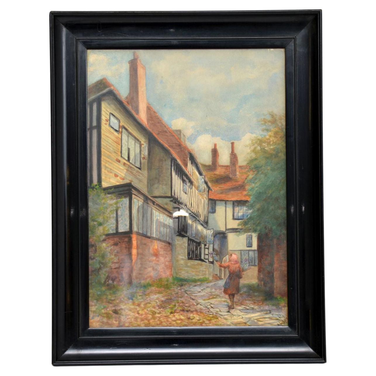 Antique Watercolour Painting of The Mermaid Inn, Rye by Annie L. Lee For Sale