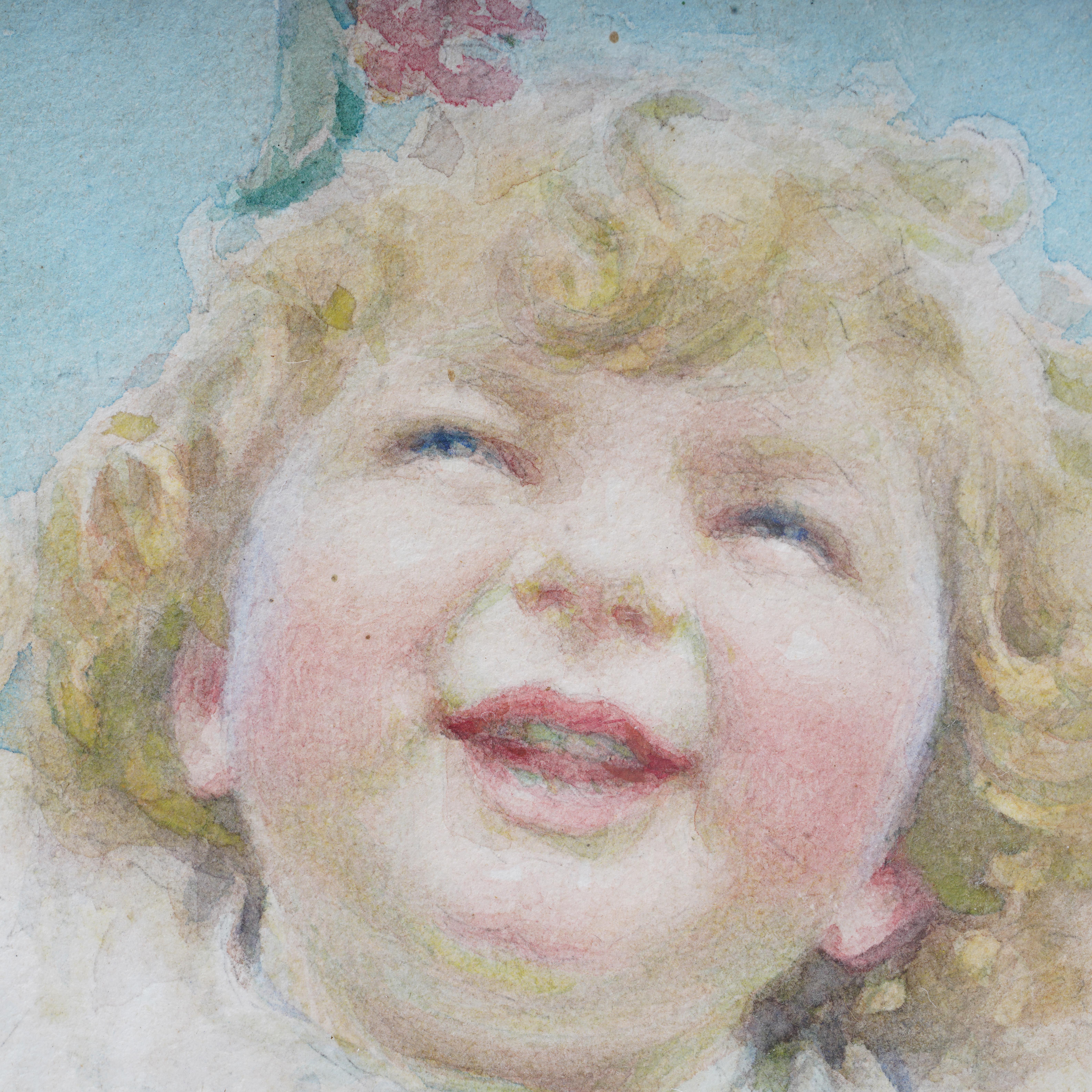 Charmante aquarelle ancienne, représentant un enfant souriant contemplant joyeusement une mésange bleue perchée sur une branche fleurie. L'œuvre capture les traits délicats du visage, les joues roses et les douces boucles dorées, reflétant un style