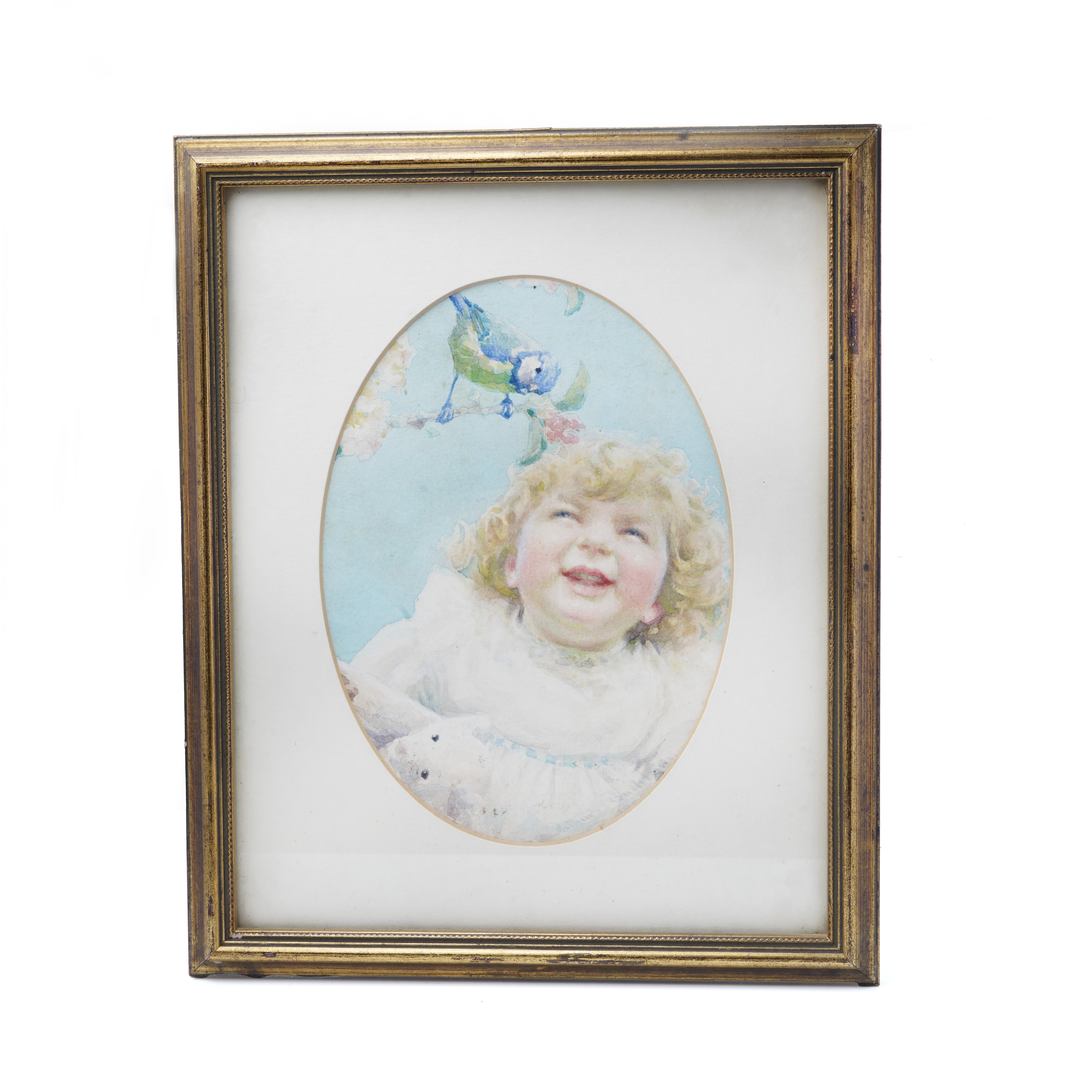 Européen Aquarelle ancienne représentant un Child Child riant avec un oiseau mésange bleue, vers 1920 en vente