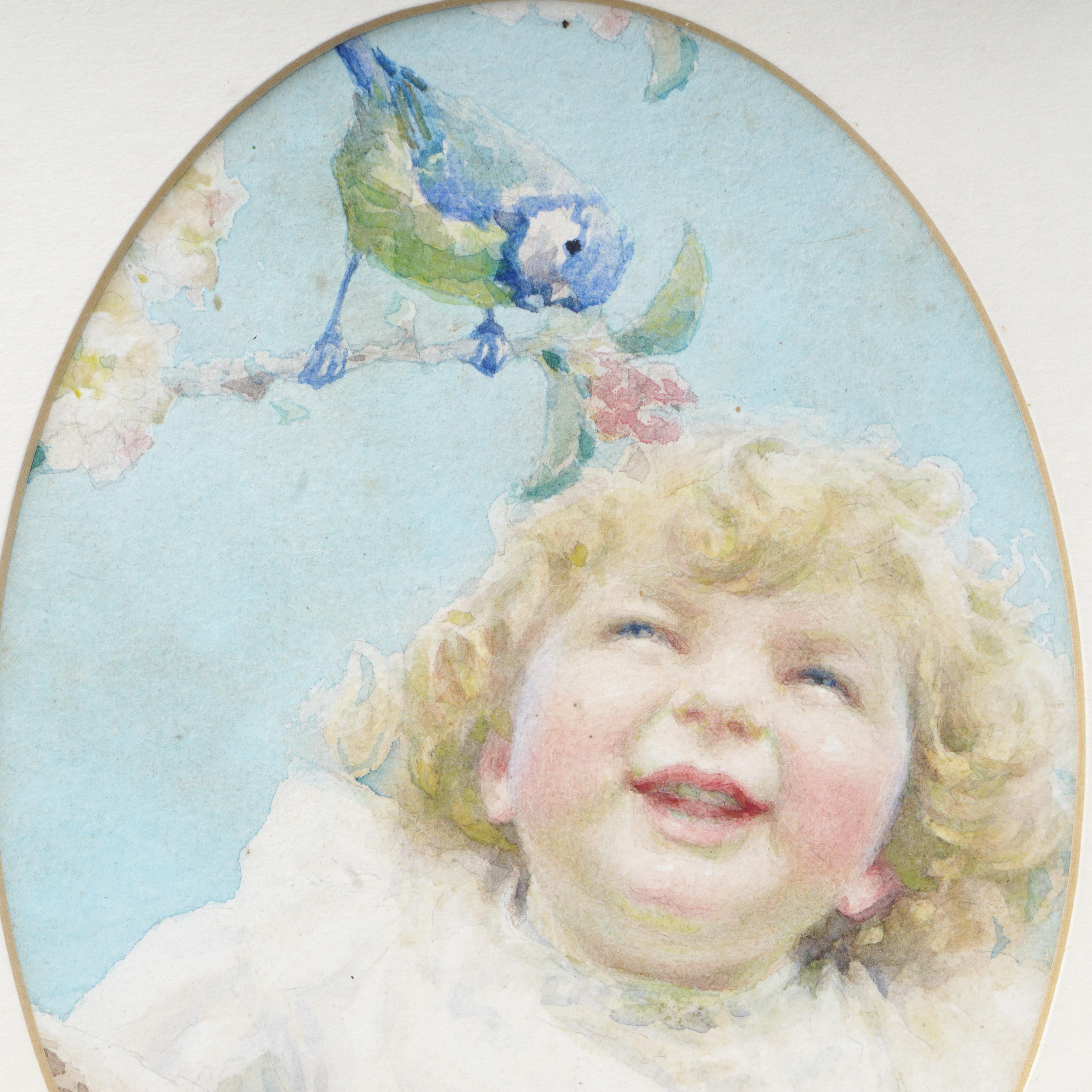 Aquarelle ancienne représentant un Child Child riant avec un oiseau mésange bleue, vers 1920 Bon état - En vente à Braintree, GB