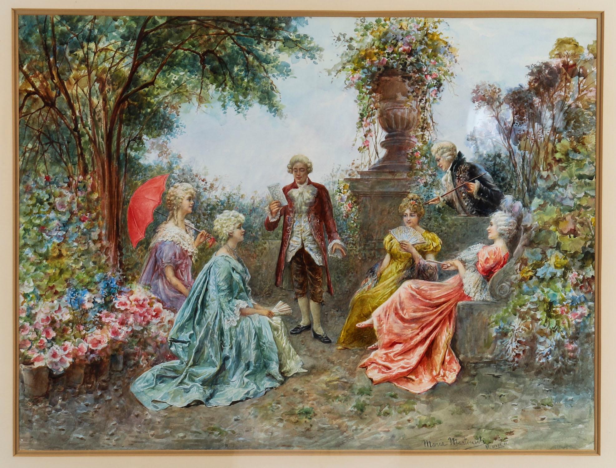A beautiful large Italian watercolour titled 'The Garden Recital' by Maria Martinetti (1846-1921), signed lower right and circa 1880 in date.
 
The theme of the painting features a group of people dressed in very elegant period costumes in a