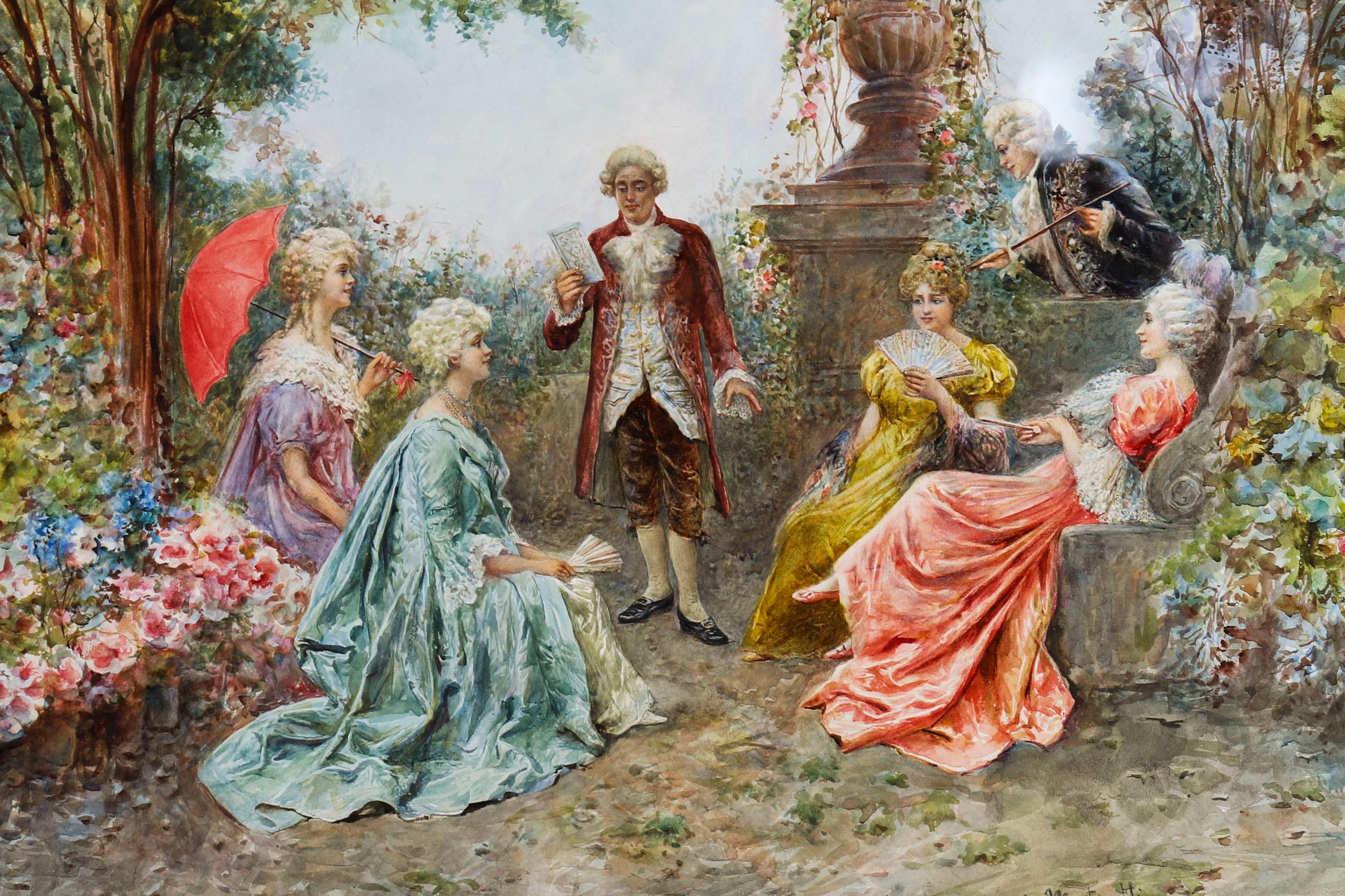 Italian Antique Watercolour 'The Garden Music Recital' by Martinetti 19th Century For Sale