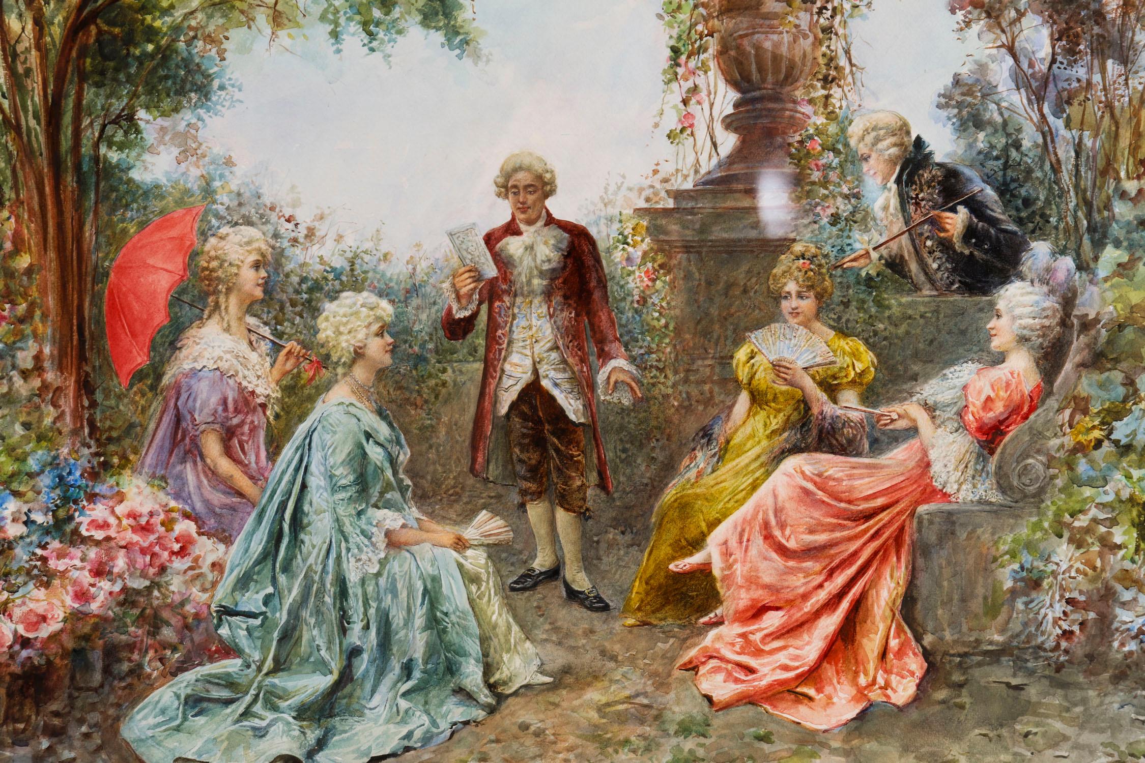 Antique Watercolour 'The Garden Music Recital' by Martinetti 19th Century In Good Condition For Sale In London, GB